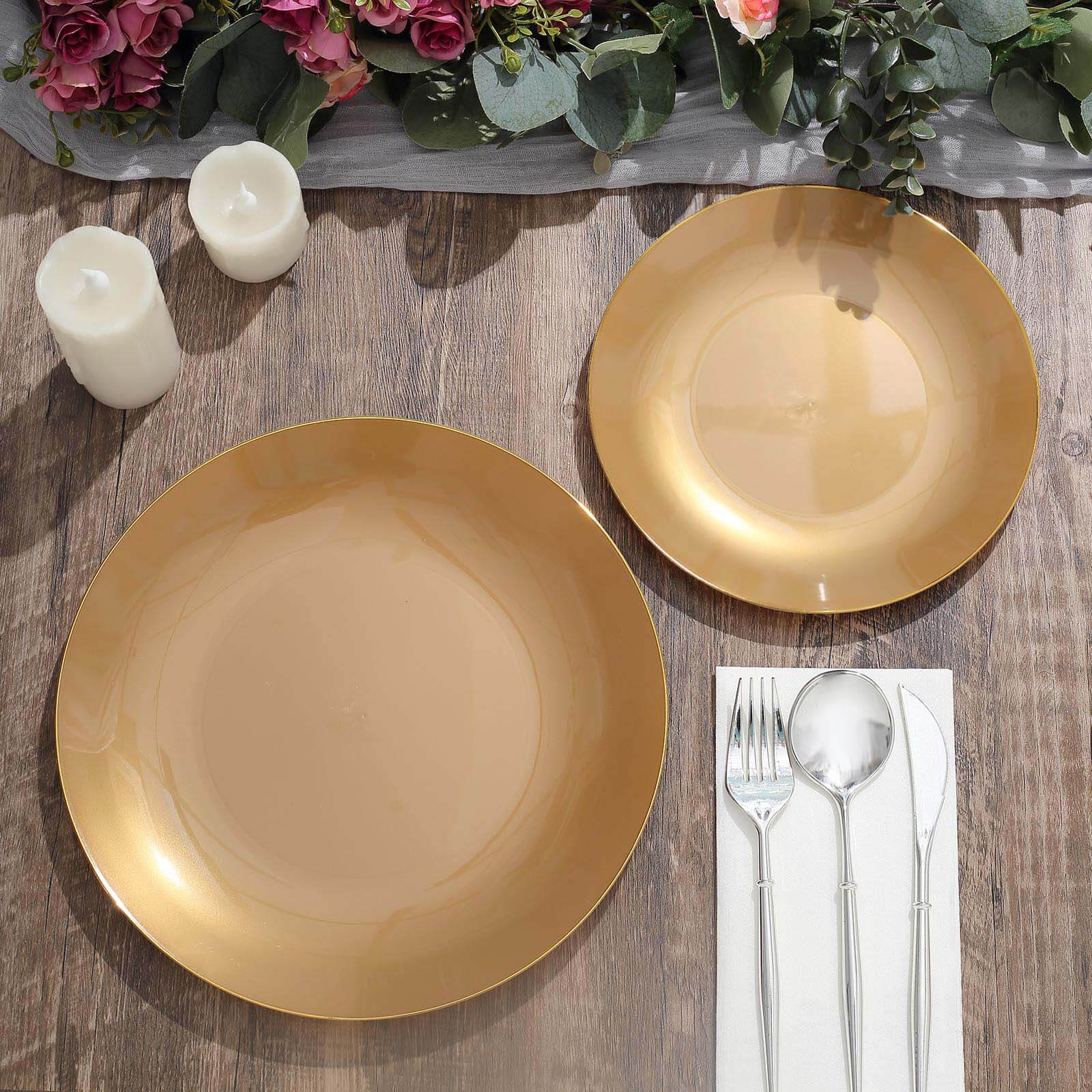 10-Pack Plastic Round Dessert Plates 8" Gold with Gold Rim - Glossy Disposable Appetizer Salad Plates - Image 8