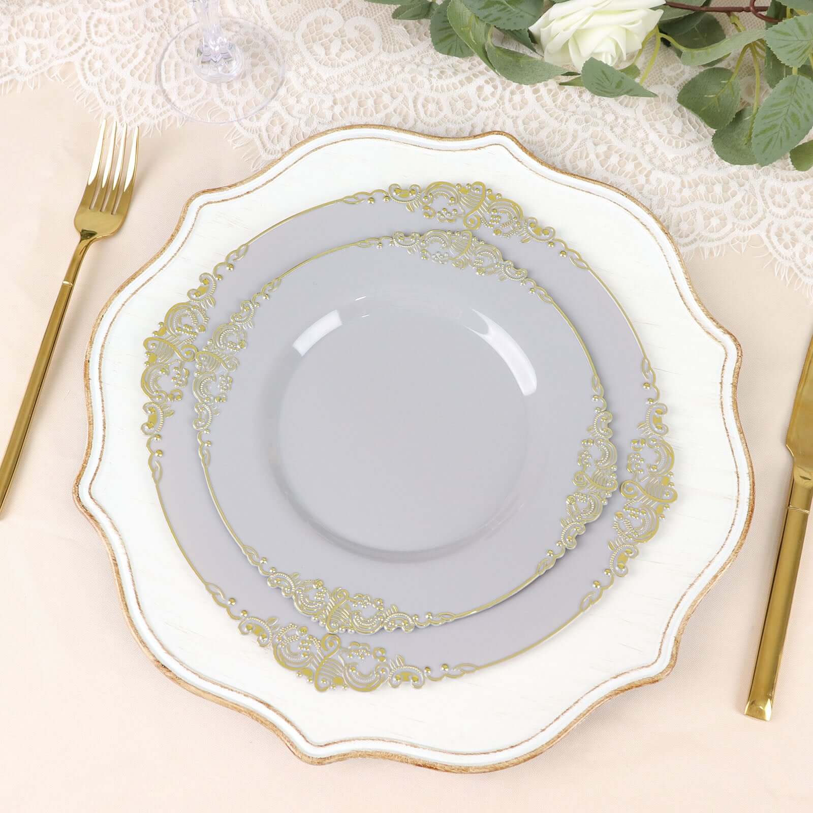 10-Pack Plastic Round Dessert Plates 8" Gray with Gold Leaf Embossed Rim - Vintage Baroque Style Disposable Salad Plates - Image 2