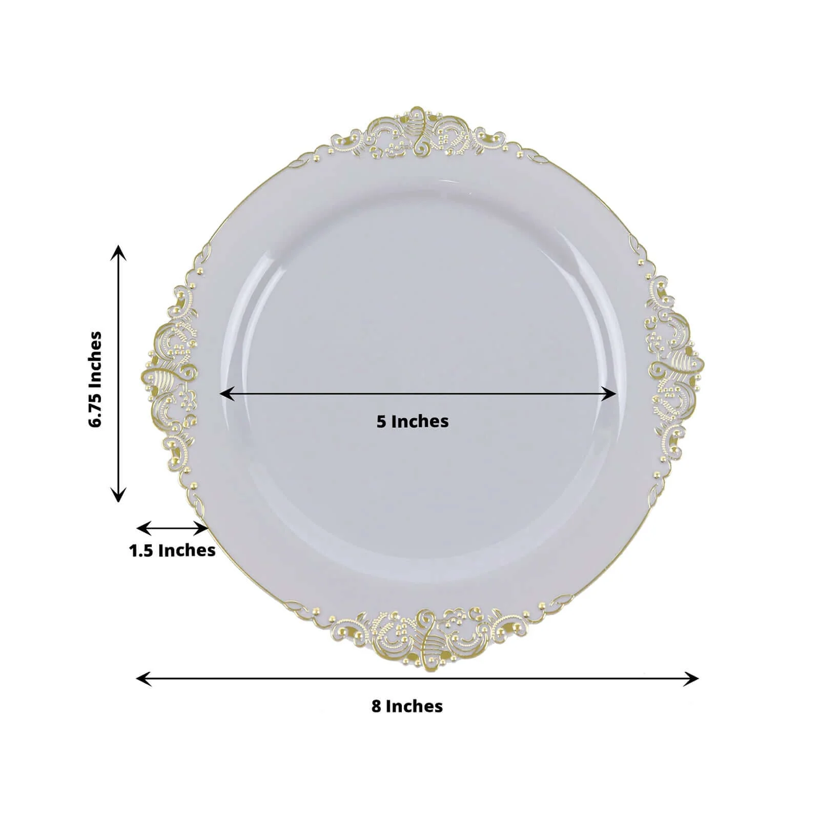 10-Pack Plastic Round Dessert Plates 8" Gray with Gold Leaf Embossed Rim - Vintage Baroque Style Disposable Salad Plates - Image 3