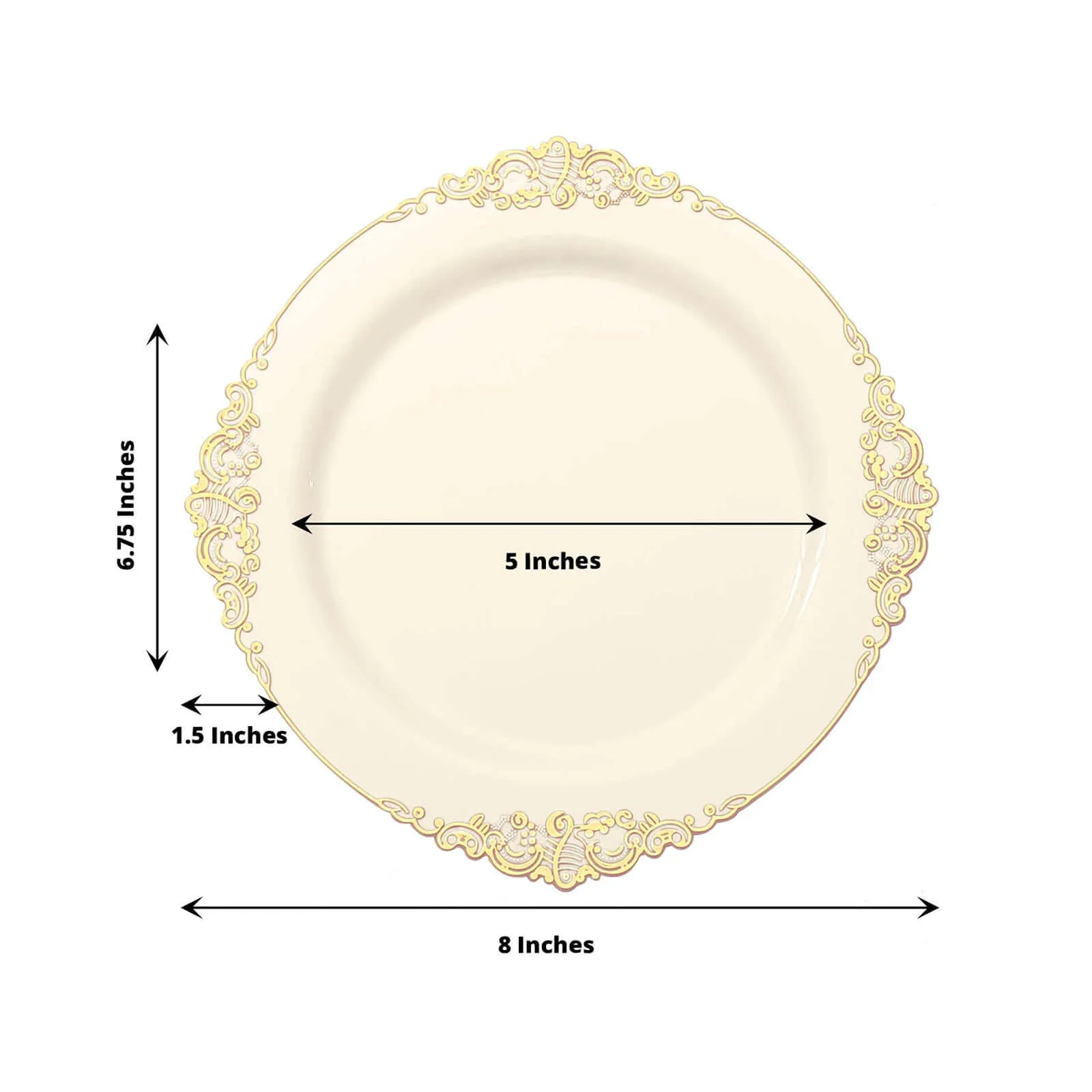 10-Pack Plastic Round Dessert Plates 8" Ivory with Gold Leaf Embossed Rim - Vintage Baroque Style Disposable Salad Plates - Image 3