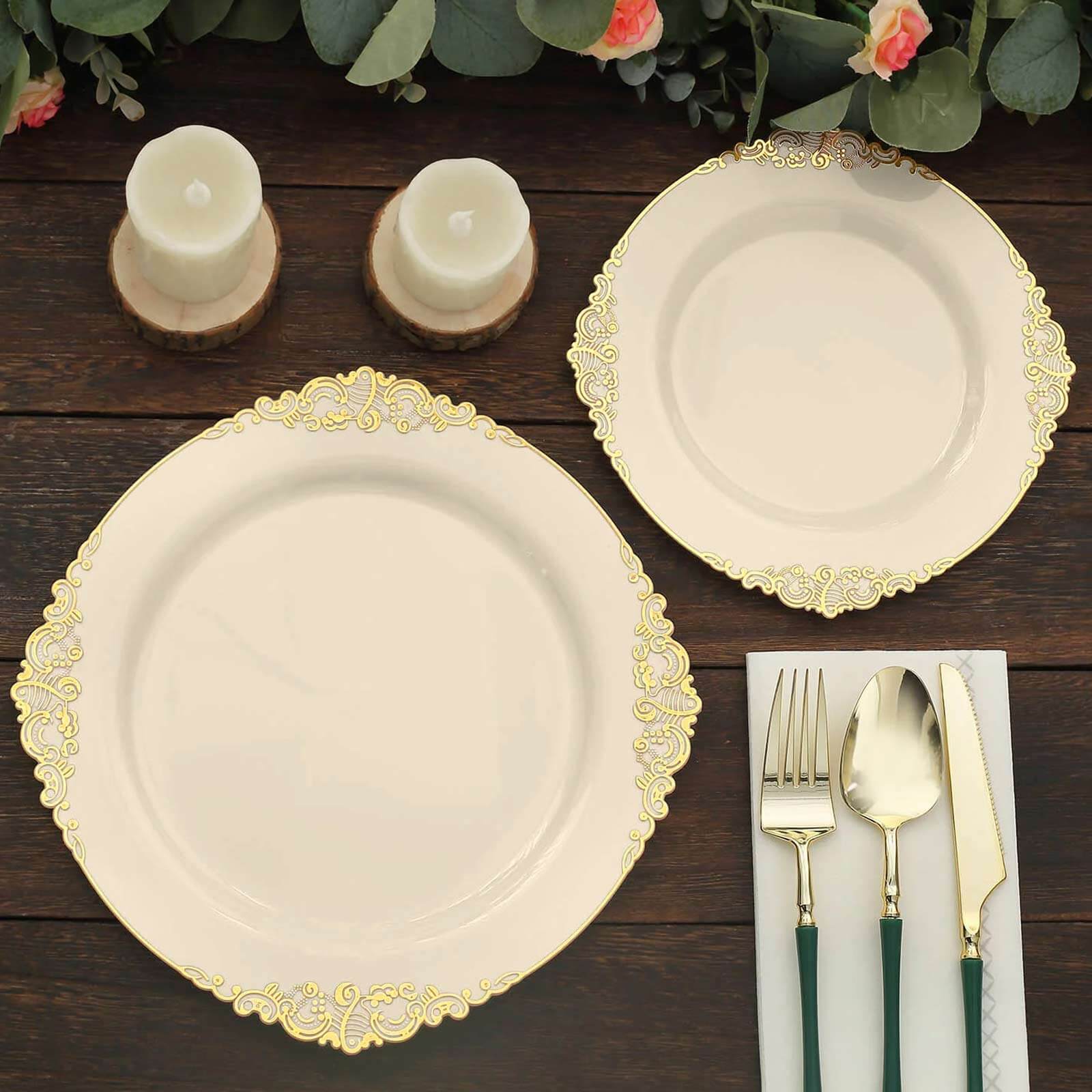 10-Pack Plastic Round Dessert Plates 8" Ivory with Gold Leaf Embossed Rim - Vintage Baroque Style Disposable Salad Plates - Image 6