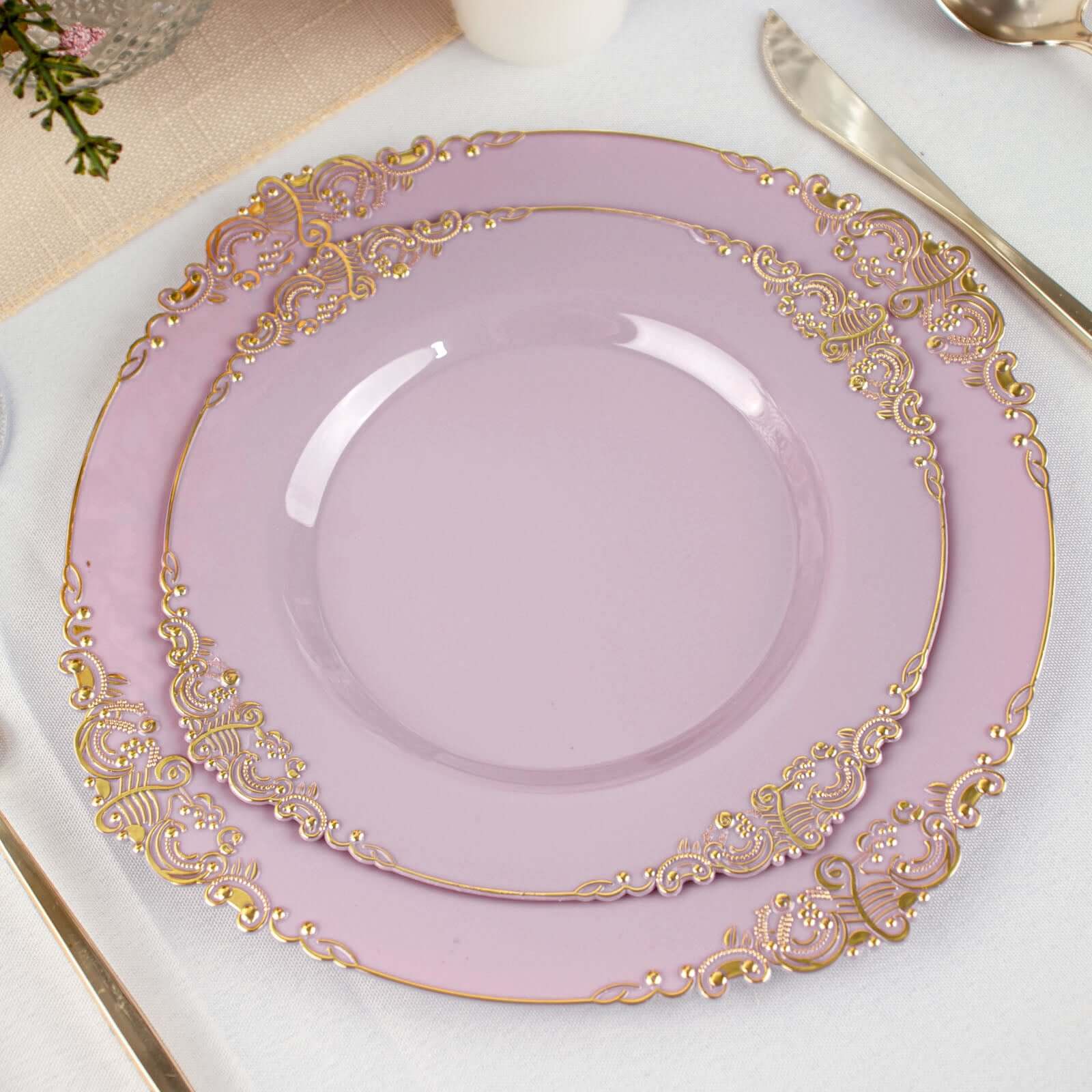 10-Pack Plastic Round Dessert Plates 8" Lavender Lilac with Gold Leaf Embossed Rim - Vintage Baroque Style Disposable Salad Plates - Image 2
