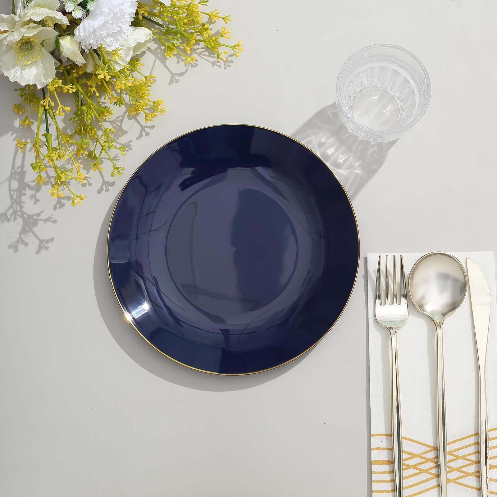 10-Pack Plastic Round Dessert Plates 8" Navy Blue with Gold Rim - Glossy Disposable Appetizer Salad Plates - Image 2