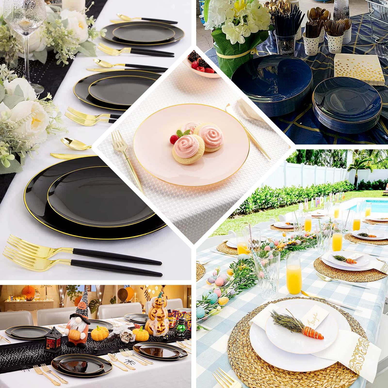10-Pack Plastic Round Dessert Plates 8" Navy Blue with Gold Rim - Glossy Disposable Appetizer Salad Plates - Image 5
