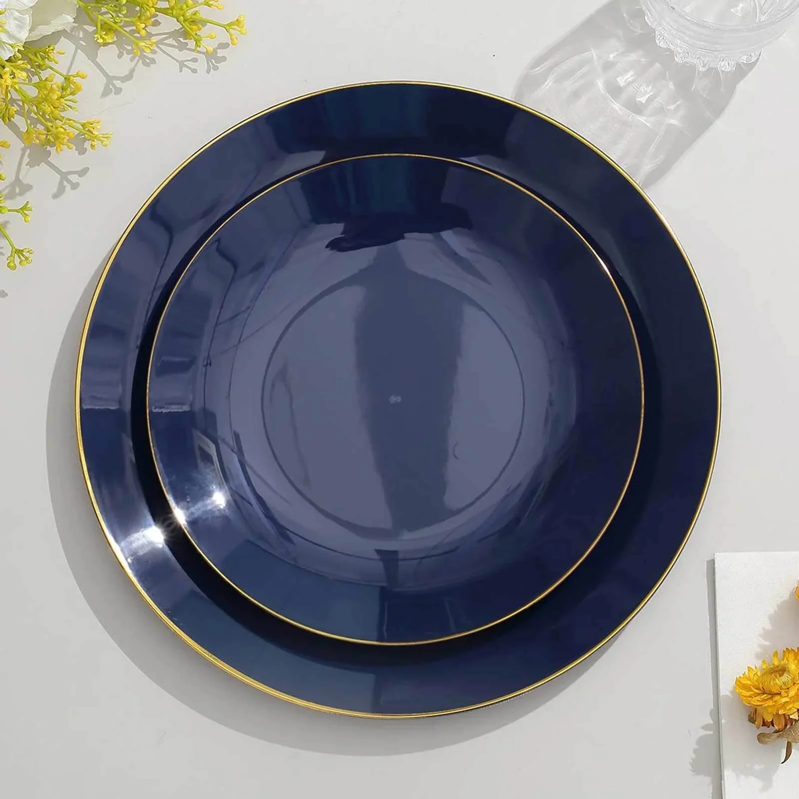 10-Pack Plastic Round Dessert Plates 8" Navy Blue with Gold Rim - Glossy Disposable Appetizer Salad Plates - Image 6