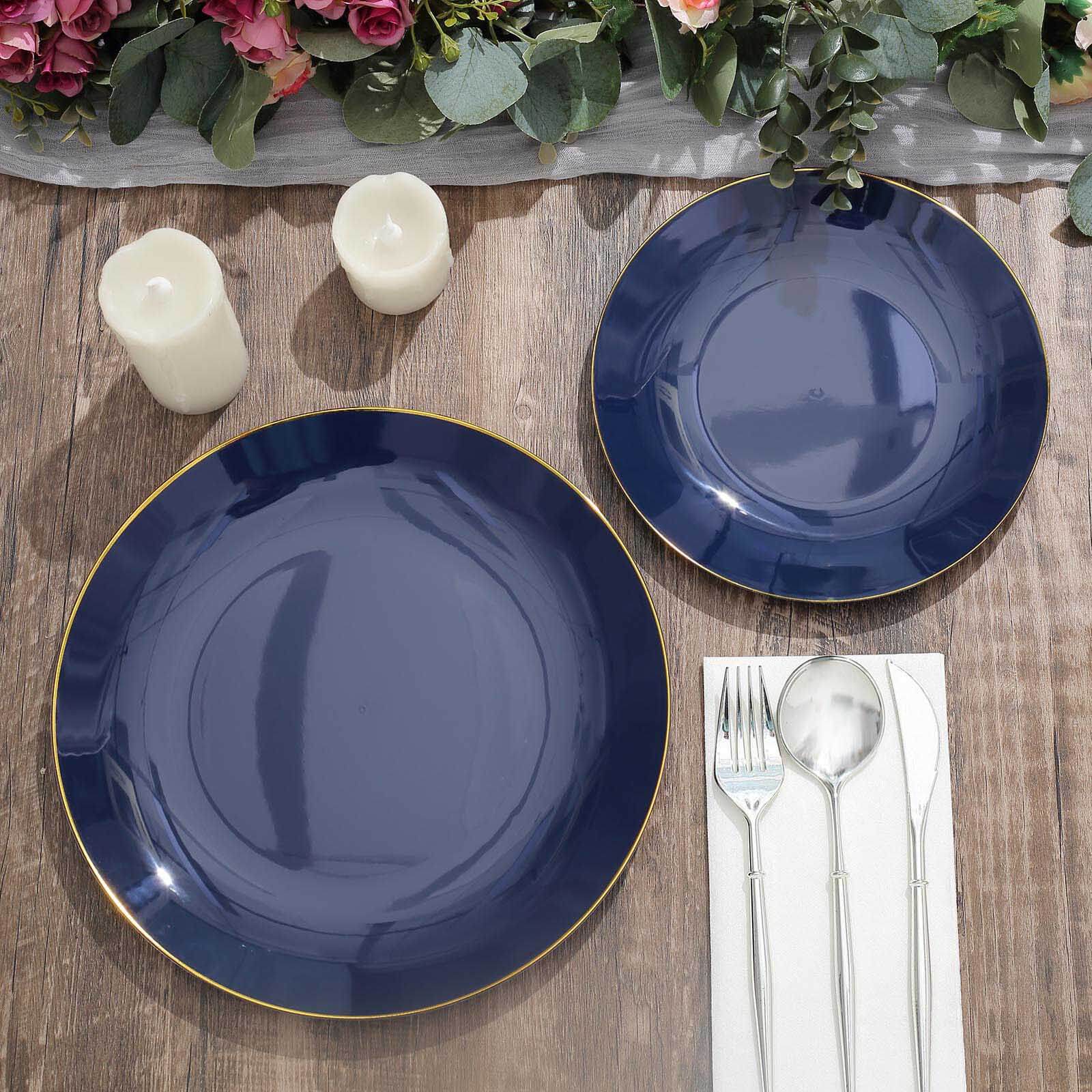 10-Pack Plastic Round Dessert Plates 8" Navy Blue with Gold Rim - Glossy Disposable Appetizer Salad Plates - Image 8
