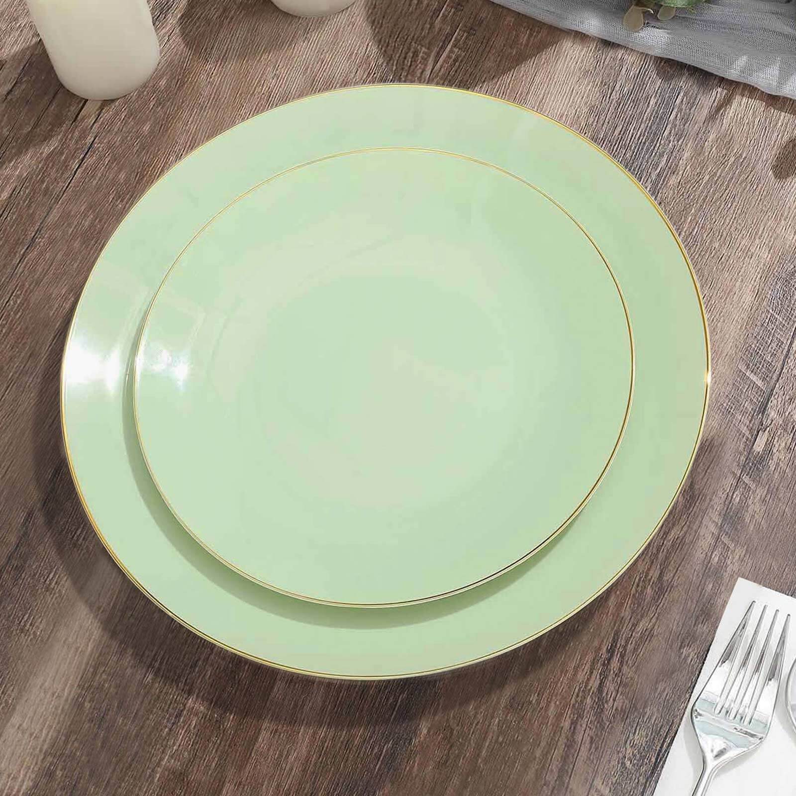 10-Pack Plastic Round Dessert Plates 8" Sage Green with Gold Rim - Glossy Disposable Appetizer Salad Plates - Image 6