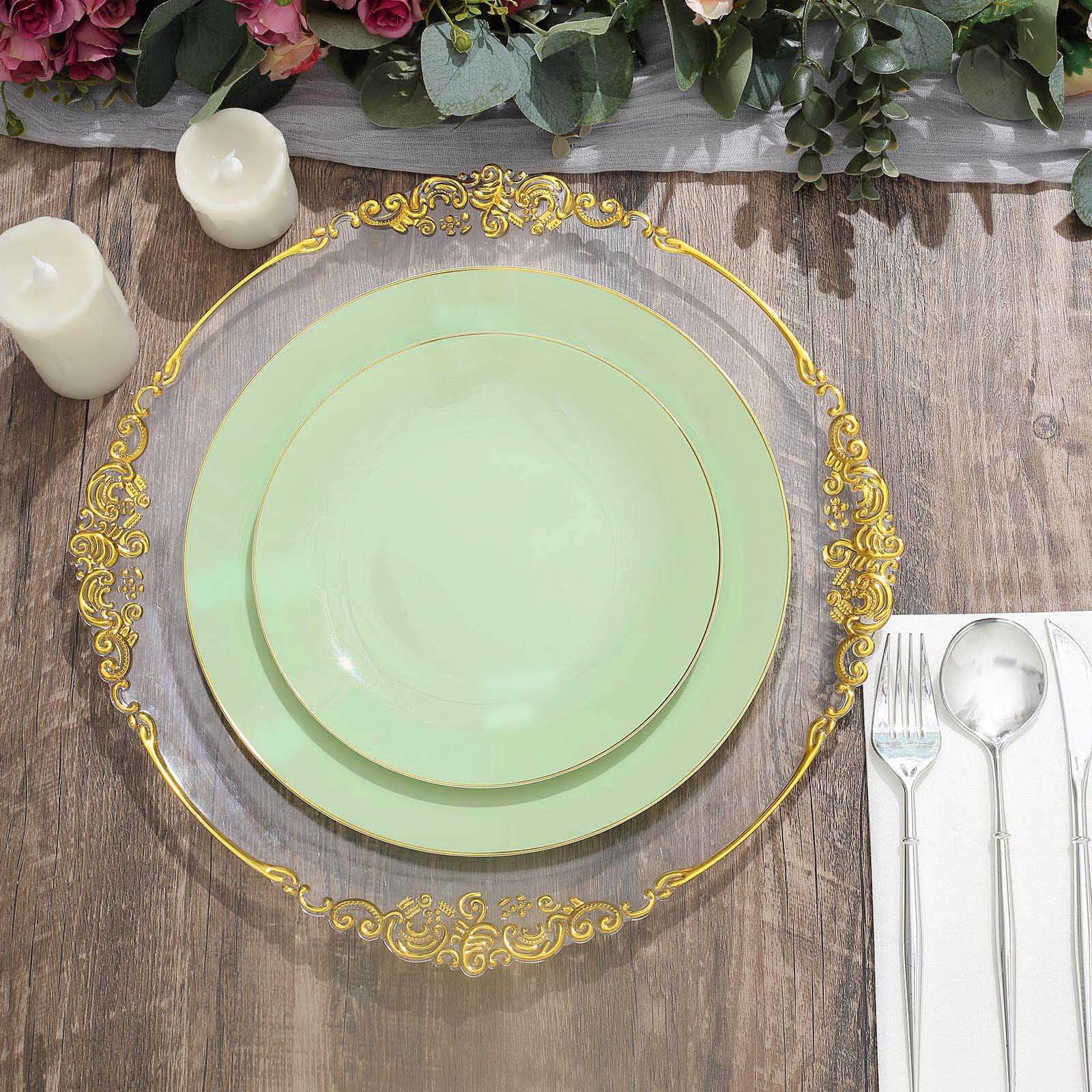 10-Pack Plastic Round Dessert Plates 8" Sage Green with Gold Rim - Glossy Disposable Appetizer Salad Plates - Image 8