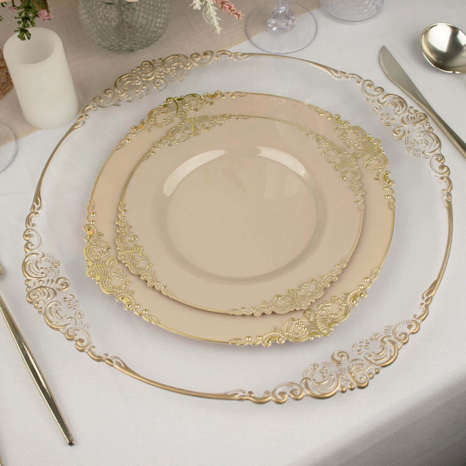 10-Pack Plastic Round Dessert Plates 8" Taupe with Gold Leaf Embossed Rim - Vintage Baroque Style Disposable Salad Plates - Image 2