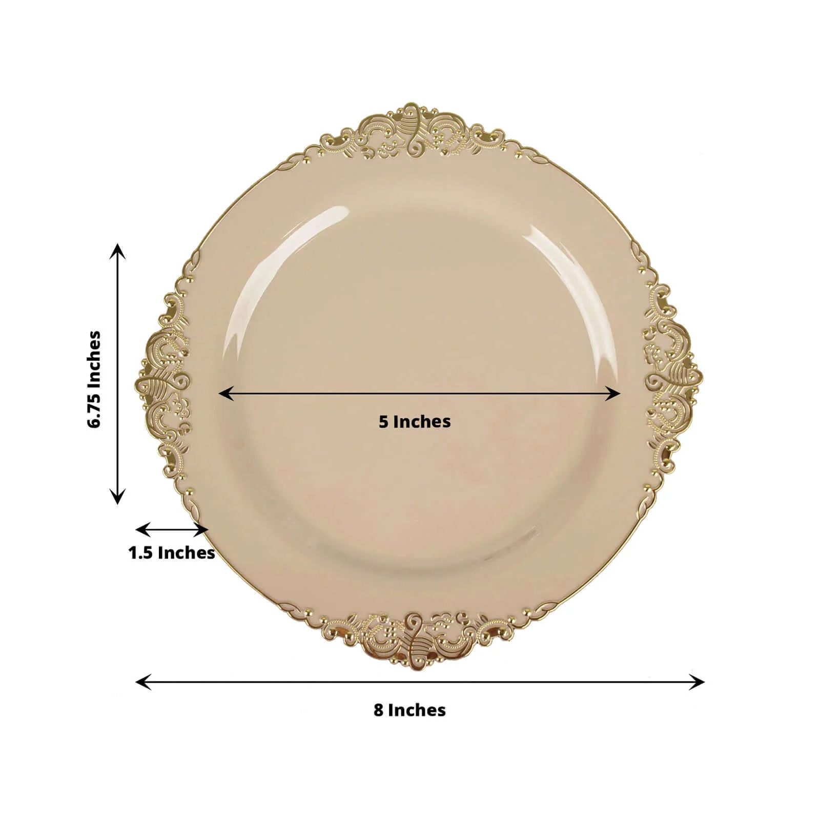10-Pack Plastic Round Dessert Plates 8" Taupe with Gold Leaf Embossed Rim - Vintage Baroque Style Disposable Salad Plates - Image 3