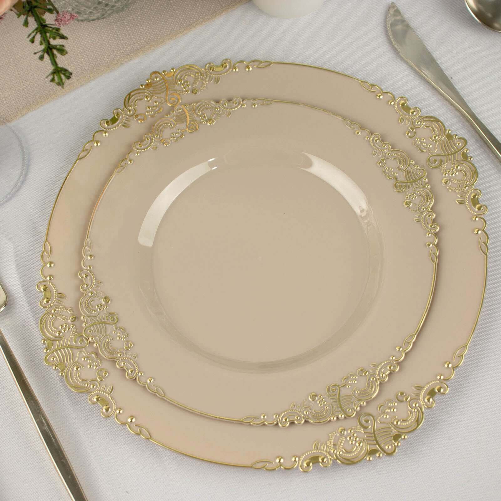 10-Pack Plastic Round Dessert Plates 8" Taupe with Gold Leaf Embossed Rim - Vintage Baroque Style Disposable Salad Plates - Image 6