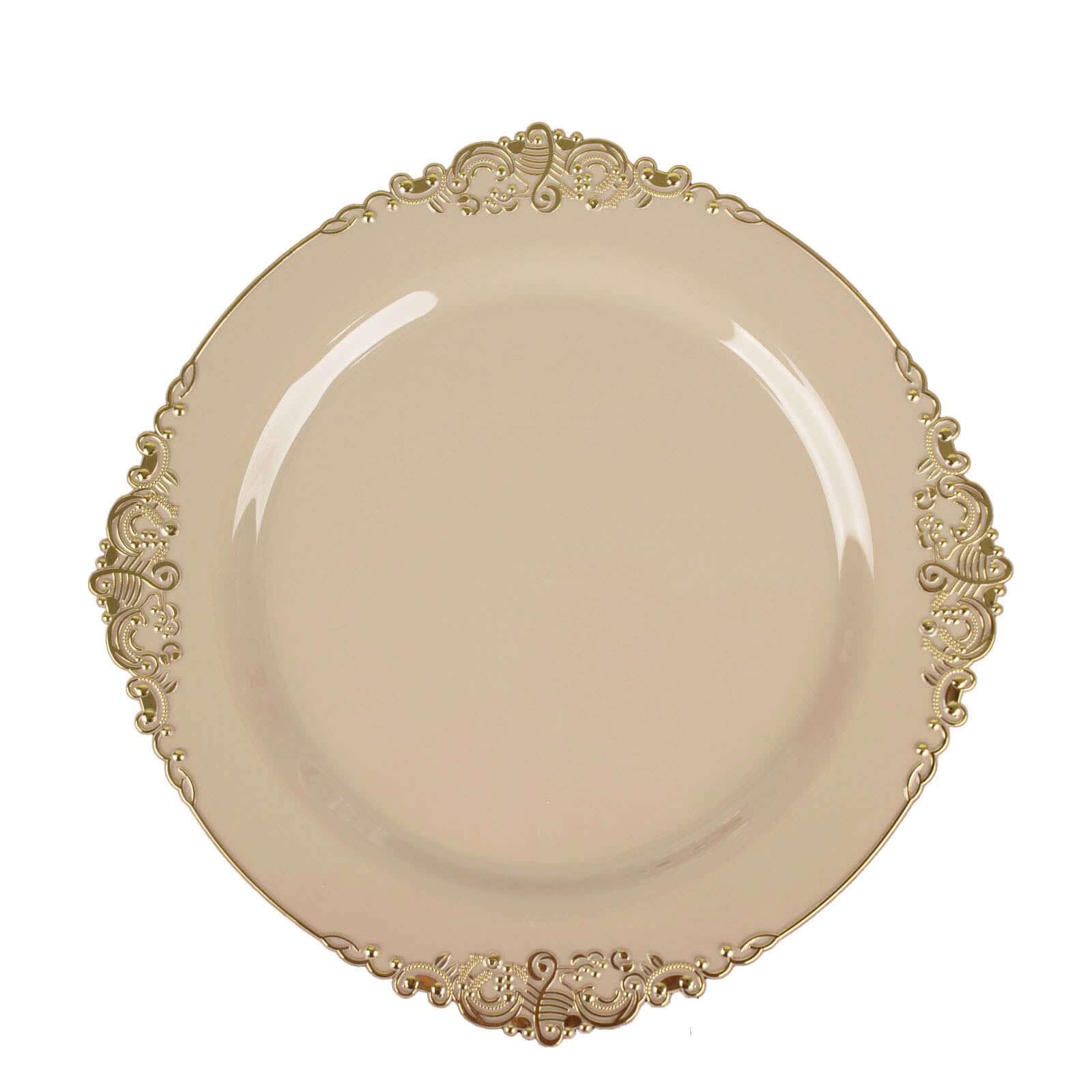 10-Pack Plastic Round Dessert Plates 8" Taupe with Gold Leaf Embossed Rim - Vintage Baroque Style Disposable Salad Plates - Image 7