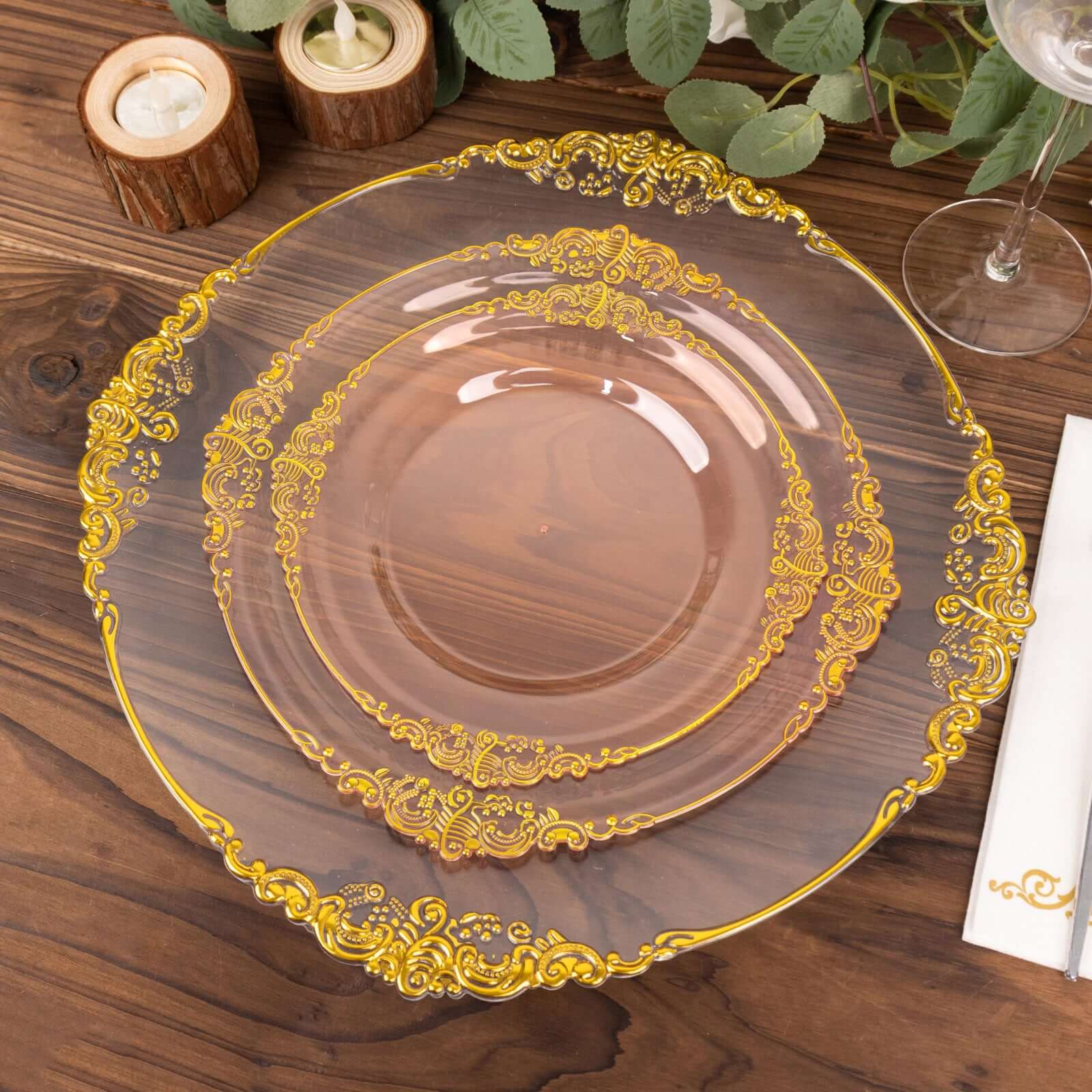 10-Pack Plastic Round Dessert Plates 8" Transparent Blush with Gold Leaf Embossed Rim - Vintage Baroque Style Disposable Salad Plates - Image 2