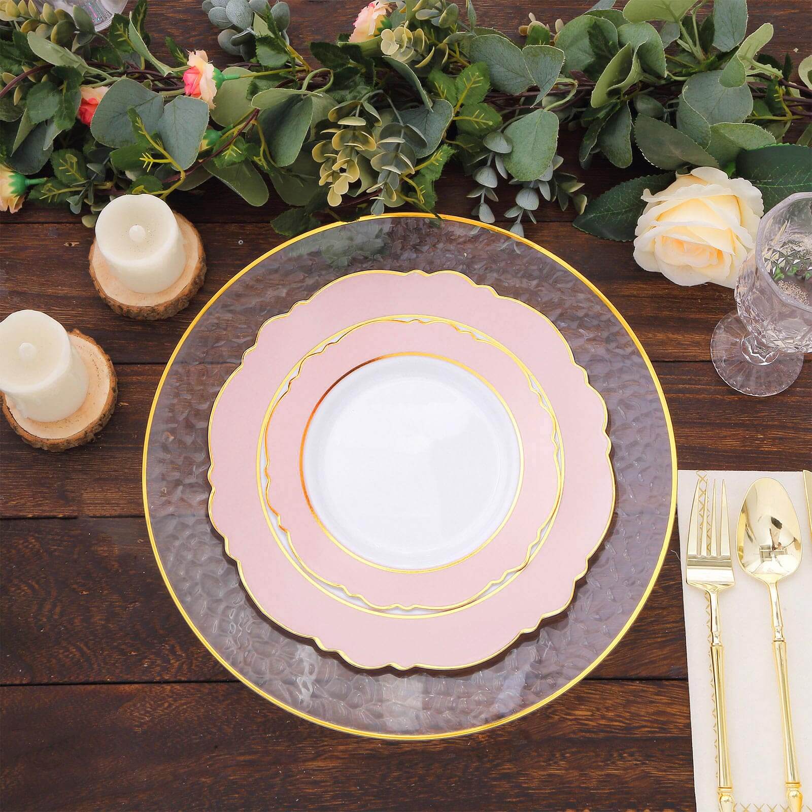 10-Pack Plastic Round Dessert Plates 8" White with Blush Blossom Design & Gold Edging - Disposable Salad Appetizer Plates - Image 2