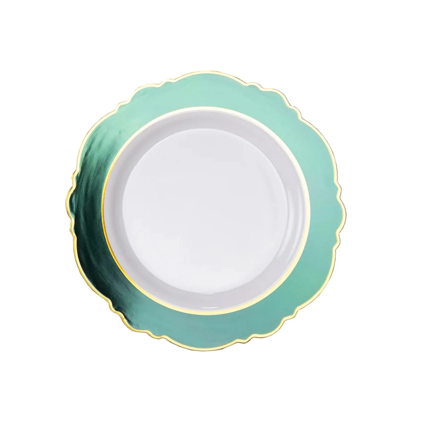 10-Pack Plastic Round Dessert Plates 8" White with Hunter Emerald Green Blossom Design & Gold Edging - Disposable Salad Appetizer Plates - Image 7