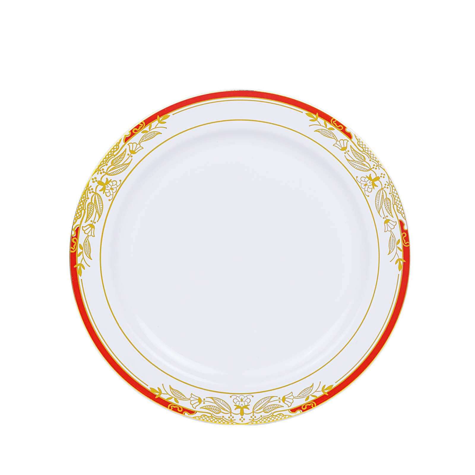 10-Pack Plastic Round Dessert Plates 8" White with Red Rim and Gold Vine Design - Stylish Disposable Salad/Appetizer Plates for Modern & Sophisticated Table Decor - Image 7