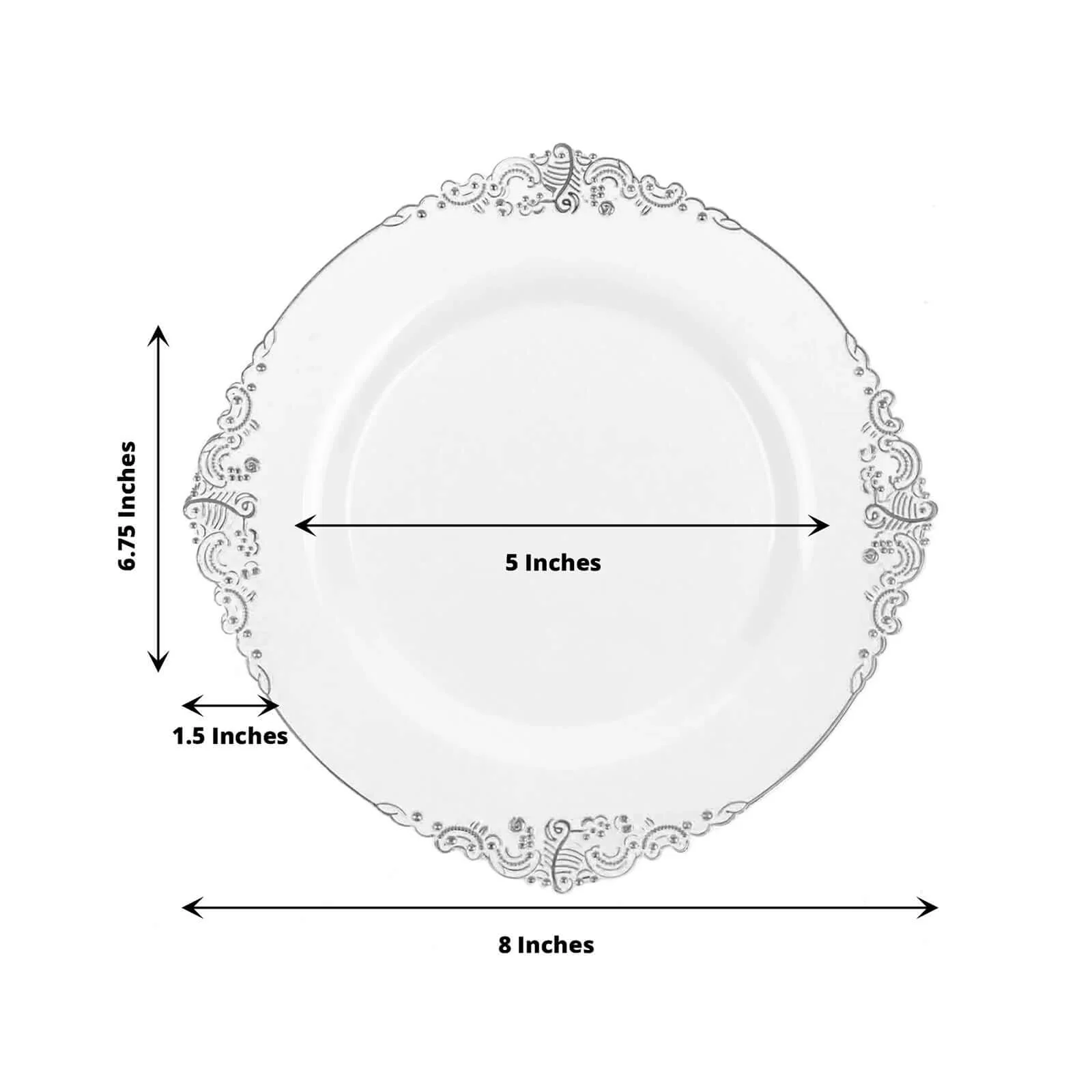 10-Pack Plastic Round Dessert Plates 8" White with Silver Leaf Embossed Rim - Vintage Baroque Style Disposable Salad Plates - Image 3