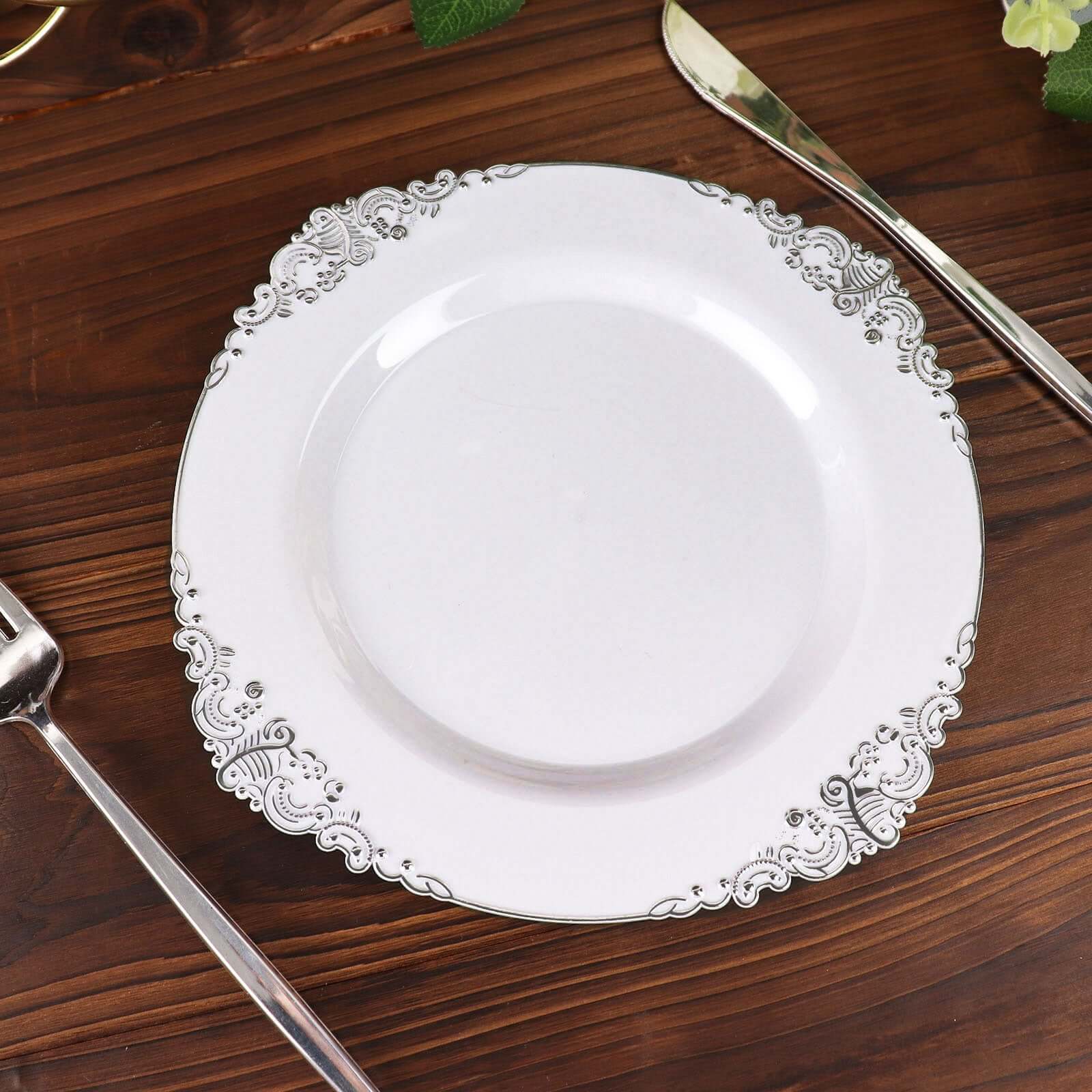 10-Pack Plastic Round Dessert Plates 8" White with Silver Leaf Embossed Rim - Vintage Baroque Style Disposable Salad Plates - Image 4