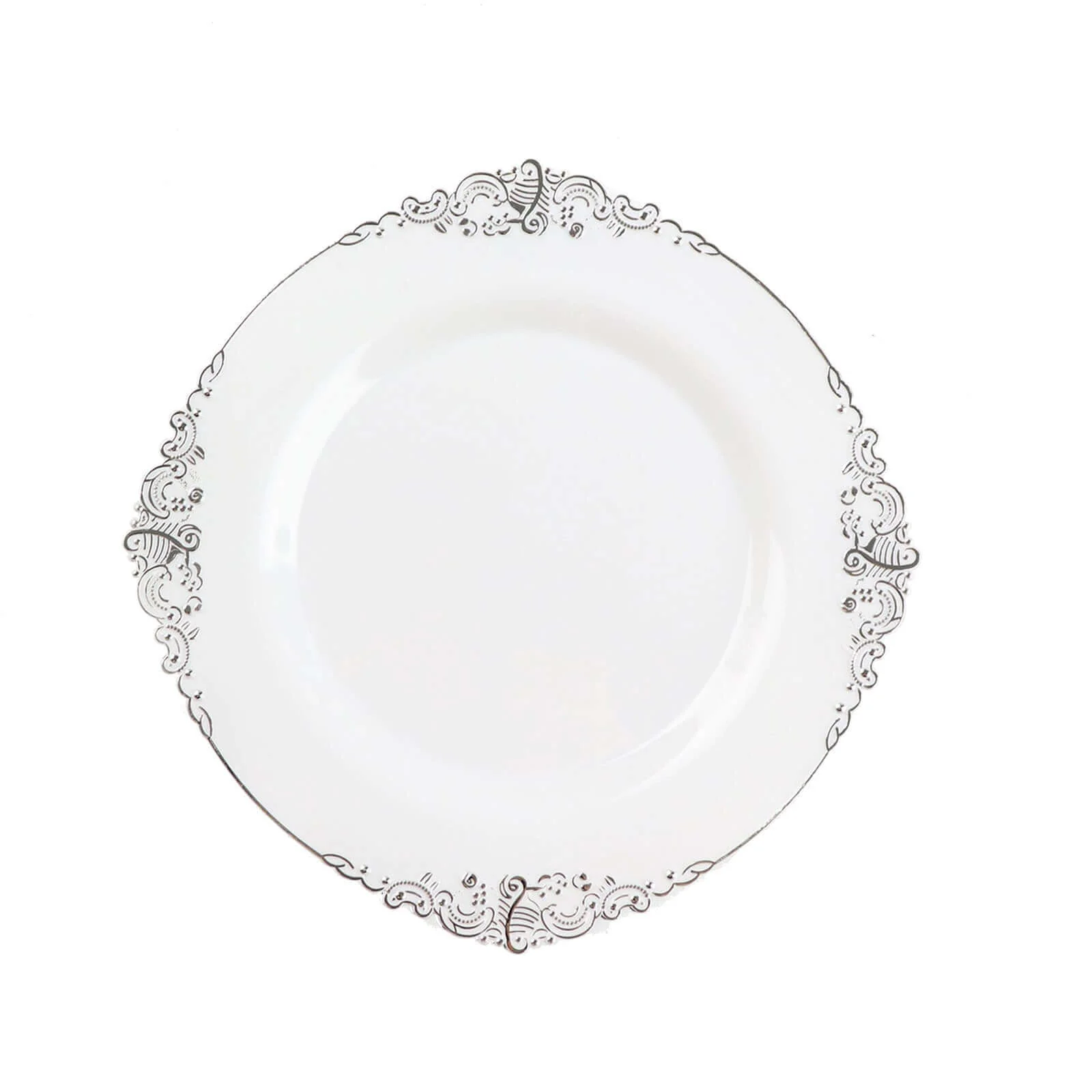 10-Pack Plastic Round Dessert Plates 8" White with Silver Leaf Embossed Rim - Vintage Baroque Style Disposable Salad Plates - Image 7