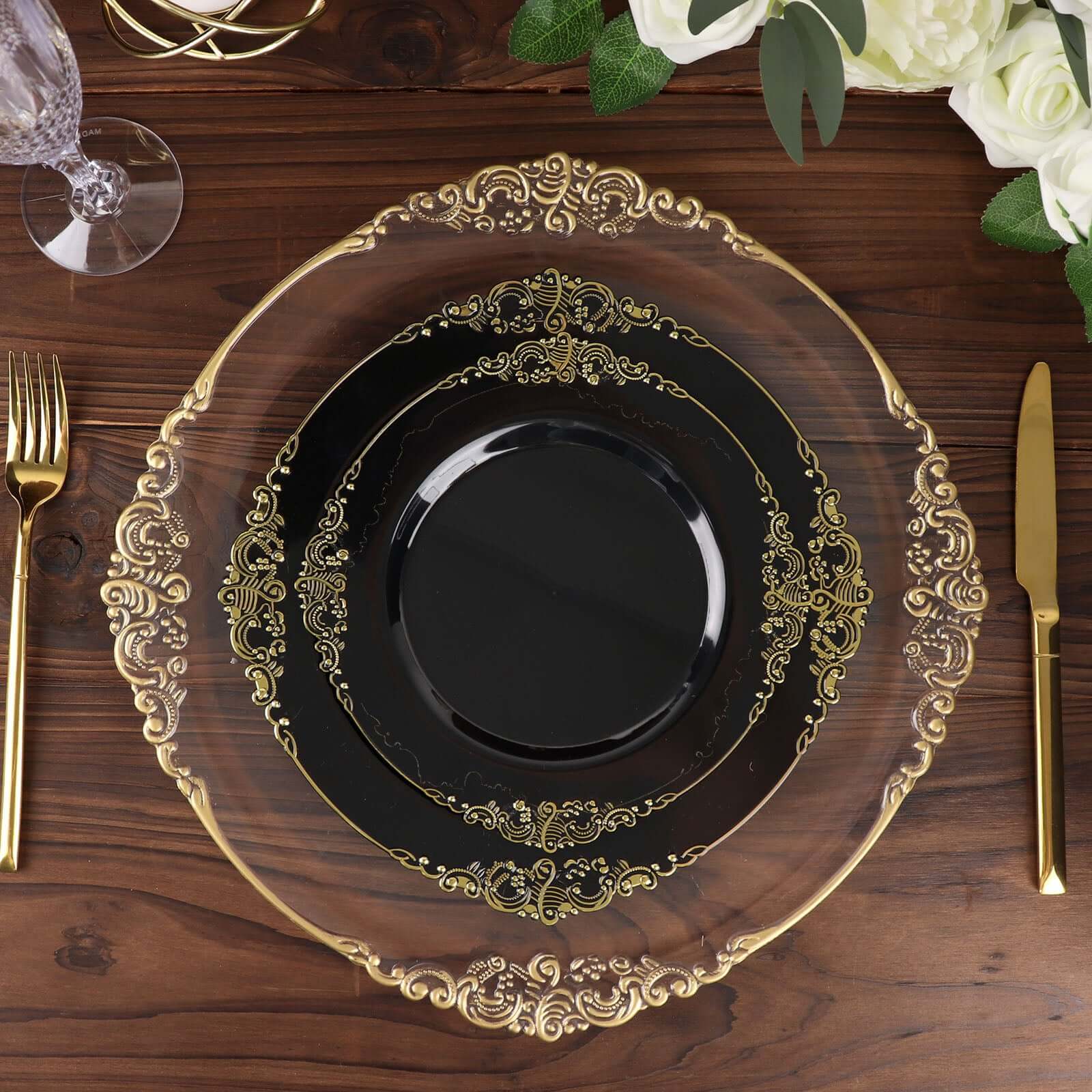 10-Pack Plastic Round Dinner Plates 10" Black with Gold Leaf Embossed Rim - Vintage Baroque Style Disposable Plates for Upscale Dining & Special Events - Image 2