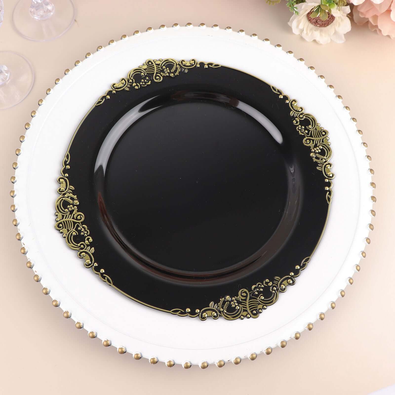10-Pack Plastic Round Dinner Plates 10" Black with Gold Leaf Embossed Rim - Vintage Baroque Style Disposable Plates for Upscale Dining & Special Events - Image 6