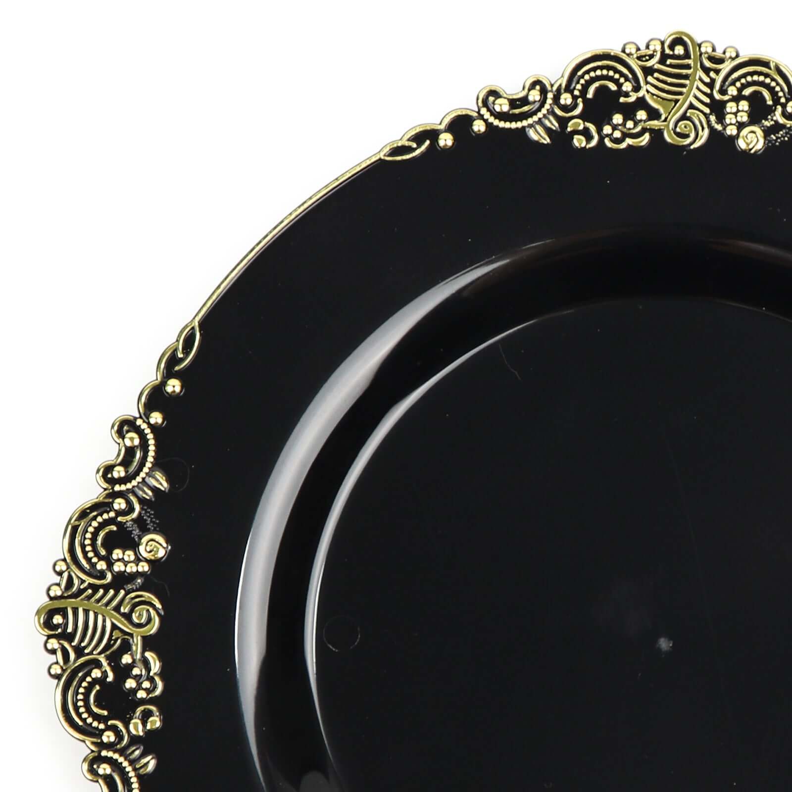 10-Pack Plastic Round Dinner Plates 10" Black with Gold Leaf Embossed Rim - Vintage Baroque Style Disposable Plates for Upscale Dining & Special Events - Image 8
