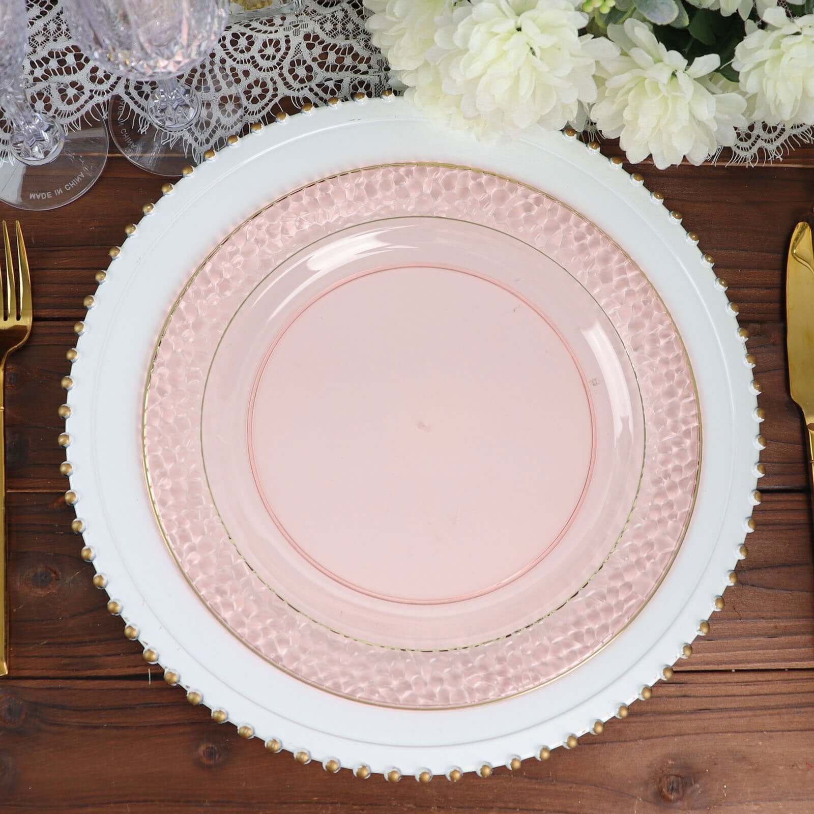 10-Pack Plastic Round Dinner Plates 10" Blush Hammered Design with Gold Rim - Disposable Party Plates - Image 6