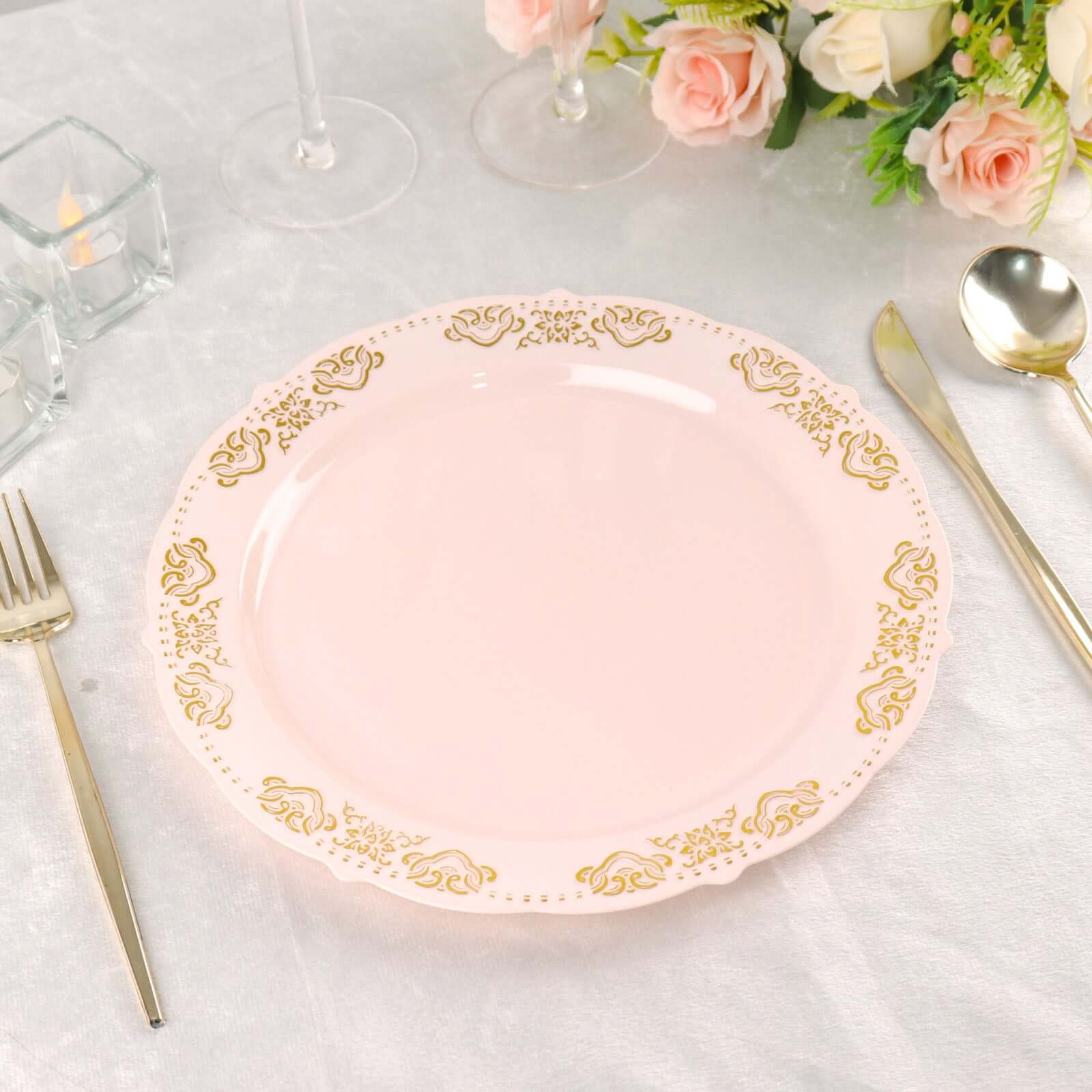10-Pack Plastic Round Dinner Plates 10" Blush with Gold Embossed Scalloped Edge - Stylish Disposable Party Plates - Image 10