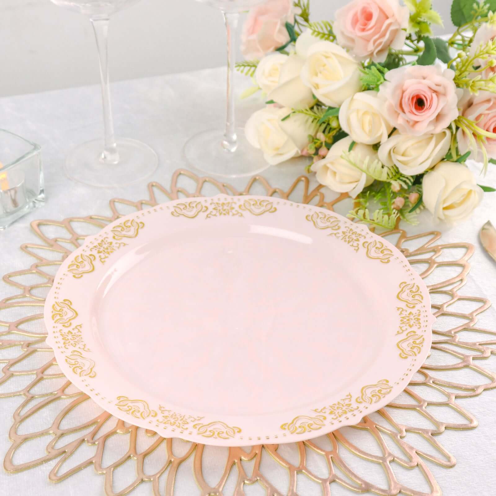 10-Pack Plastic Round Dinner Plates 10" Blush with Gold Embossed Scalloped Edge - Stylish Disposable Party Plates - Image 11