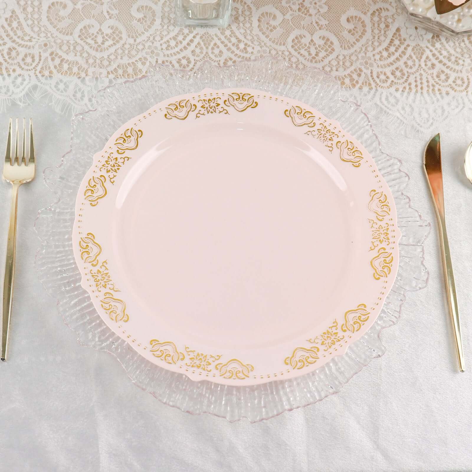 10-Pack Plastic Round Dinner Plates 10" Blush with Gold Embossed Scalloped Edge - Stylish Disposable Party Plates - Image 14
