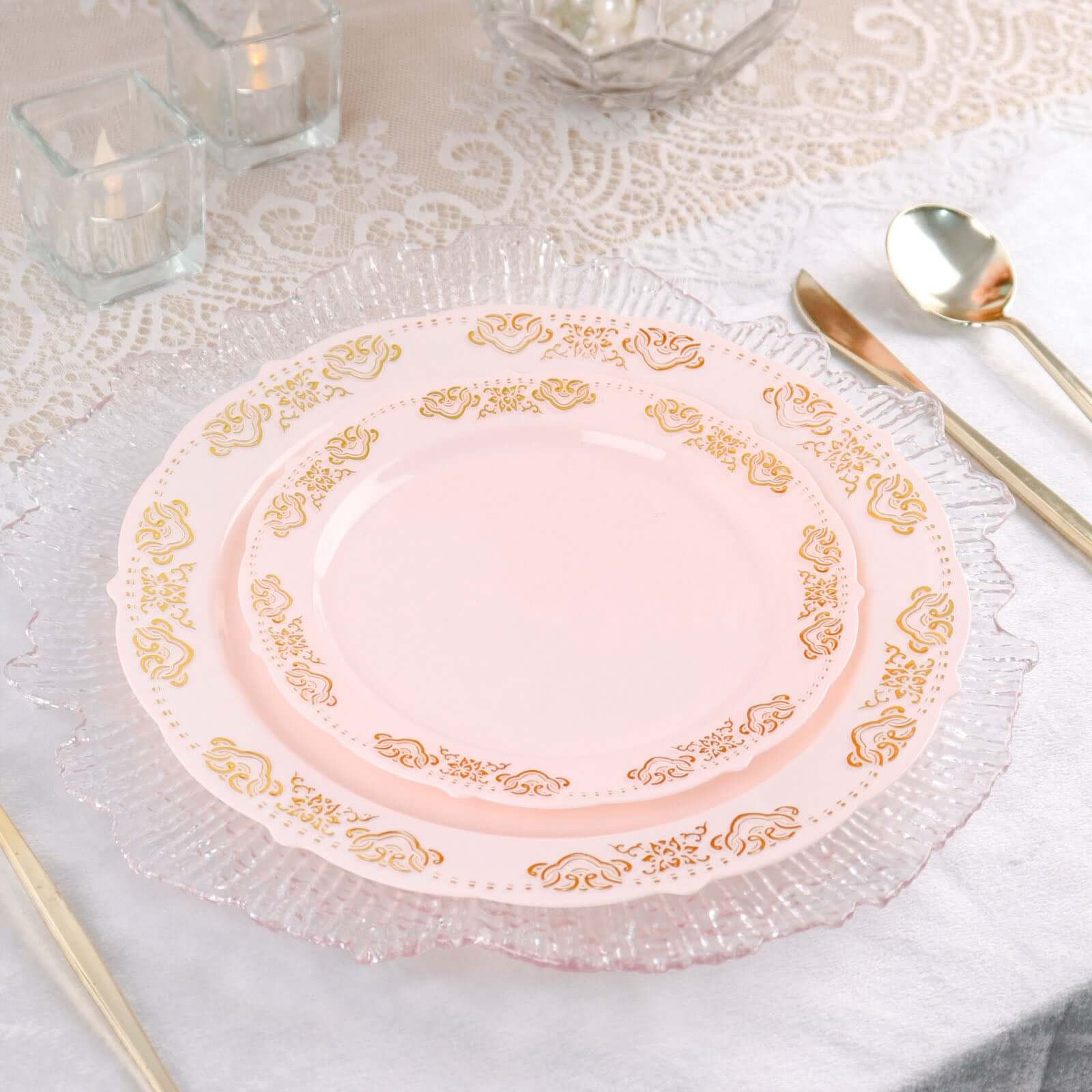 10-Pack Plastic Round Dinner Plates 10" Blush with Gold Embossed Scalloped Edge - Stylish Disposable Party Plates - Image 2