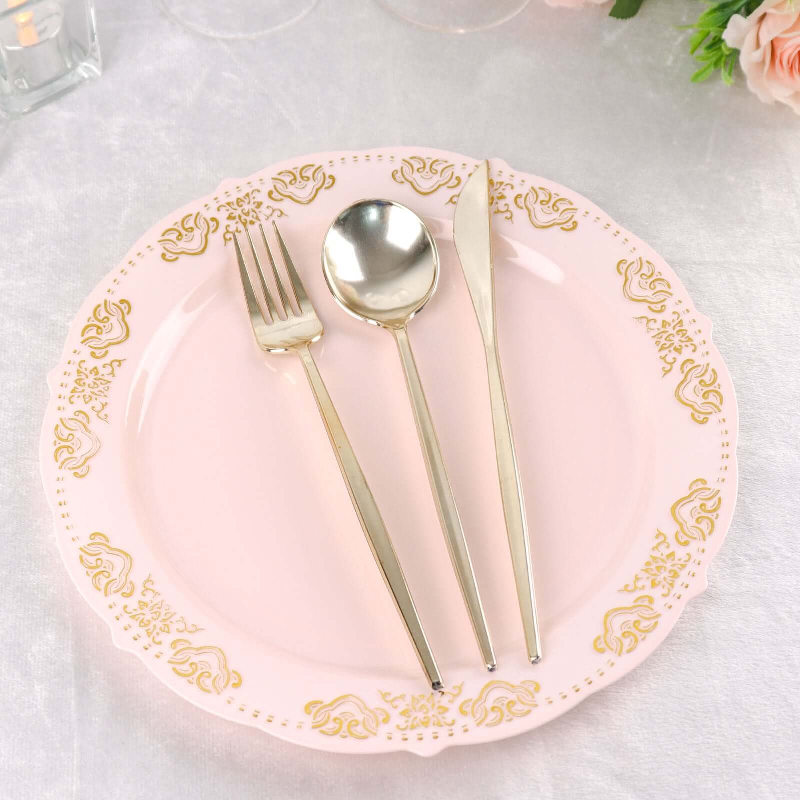 10-Pack Plastic Round Dinner Plates 10" Blush with Gold Embossed Scalloped Edge - Stylish Disposable Party Plates - Image 9
