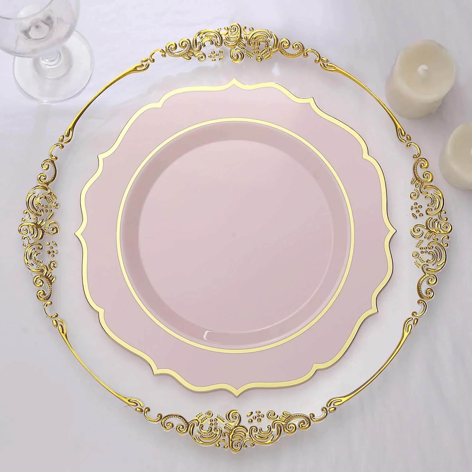 10-Pack Plastic Round Dinner Plates 10" Blush with Gold Scalloped Rim - Disposable Party Plates