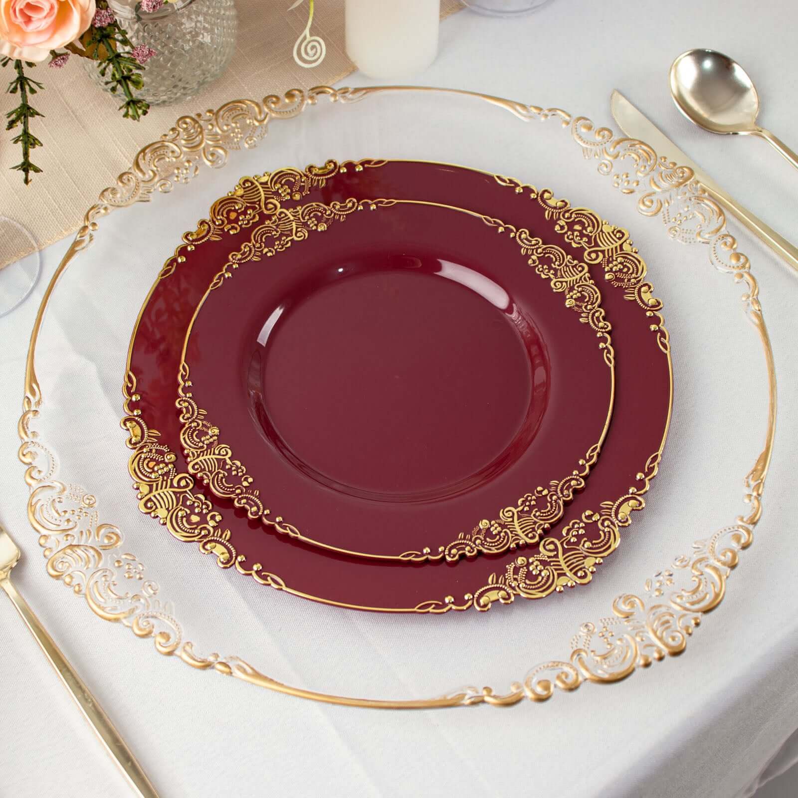 10-Pack Plastic Round Dinner Plates 10" Burgundy with Gold Leaf Embossed Rim - Vintage Baroque Style Disposable Plates - Image 2