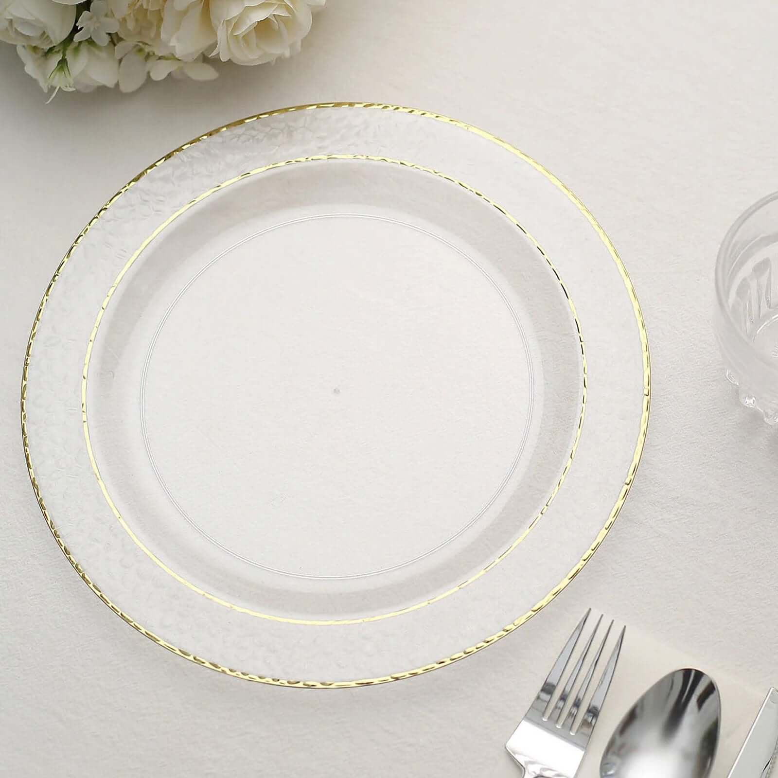 10-Pack Plastic Round Dinner Plates 10" Clear Hammered Design with Gold Rim - Disposable Party Plates