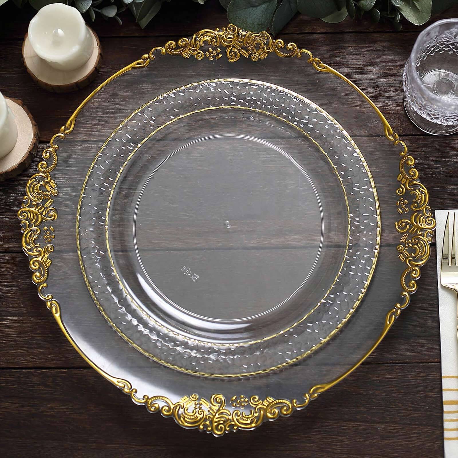 10-Pack Plastic Round Dinner Plates 10" Clear Hammered Design with Gold Rim - Disposable Party Plates - Image 6