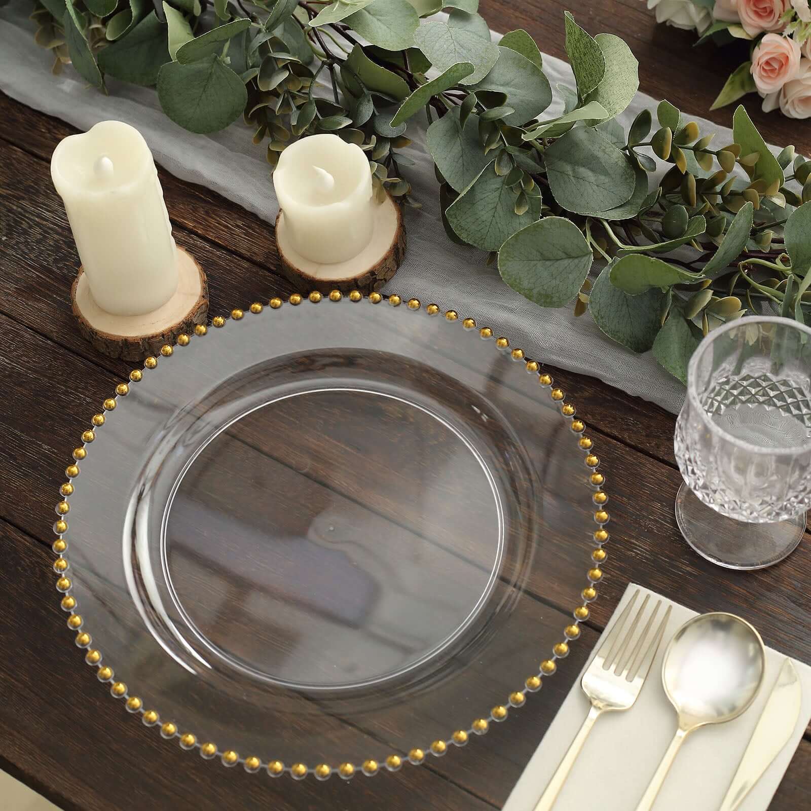 10-Pack Plastic Round Dinner Plates 10" Clear with Gold Beaded Rim - Disposable Party Plates - Image 7