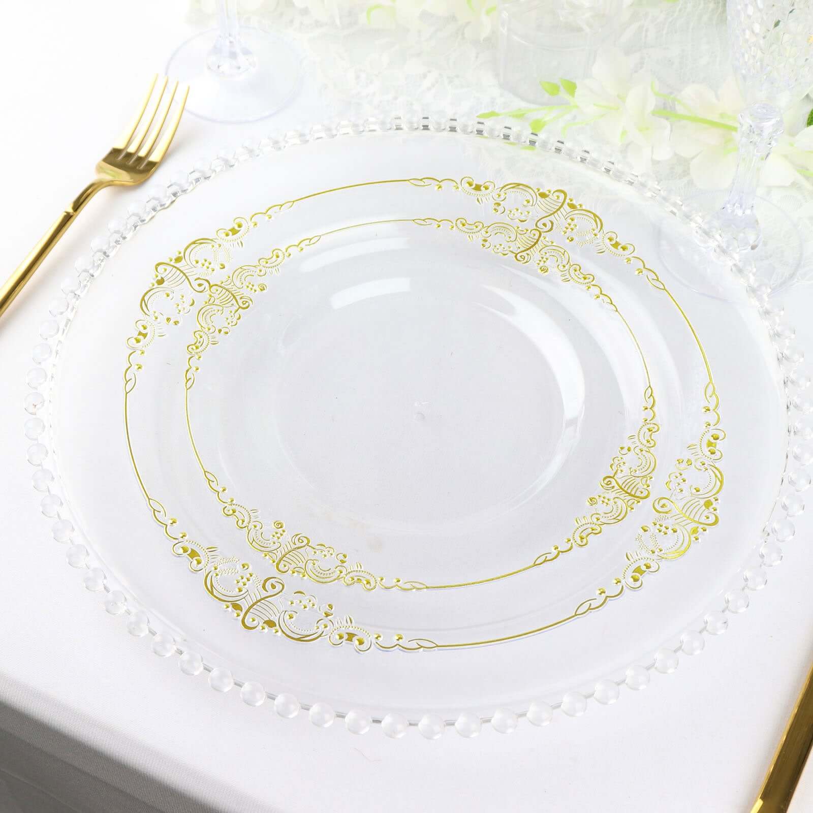 10-Pack Plastic Round Dinner Plates 10" Clear with Gold Leaf Embossed Rim - Vintage Baroque Style Disposable Plates - Image 2