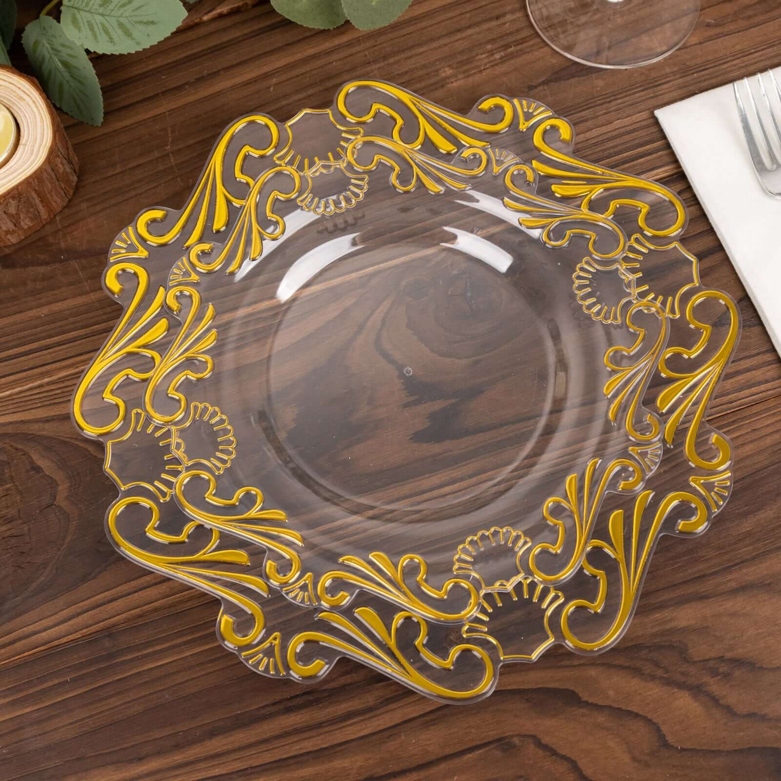 10-Pack Plastic Round Dinner Plates 10" Clear with Gold Vintage Baroque Scalloped Rim - European Style Disposable Party Plates - Image 11