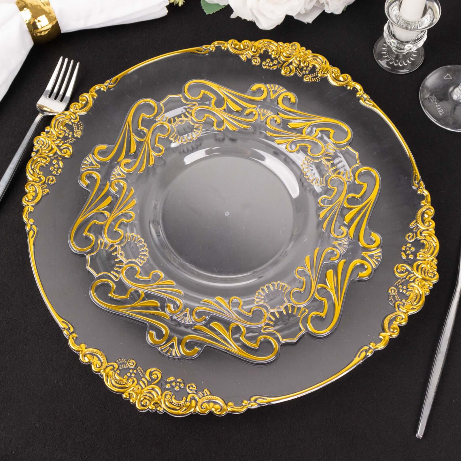 10-Pack Plastic Round Dinner Plates 10" Clear with Gold Vintage Baroque Scalloped Rim - European Style Disposable Party Plates - Image 13