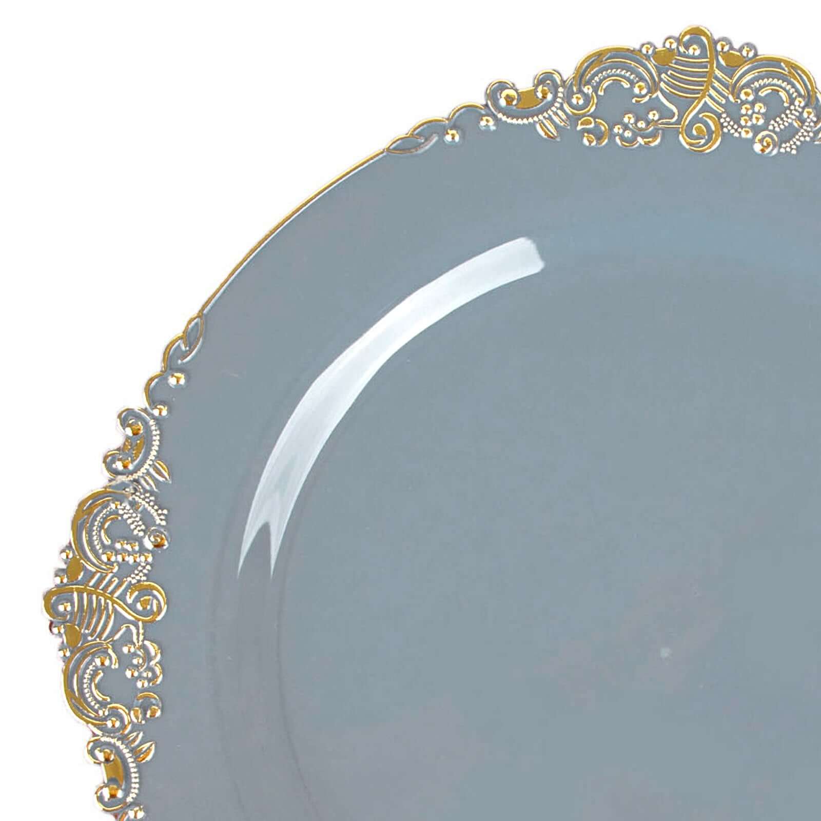 10-Pack Plastic Round Dinner Plates 10" Dusty Blue with Gold Leaf Embossed Rim - Vintage Baroque Style Disposable Plates - Image 8