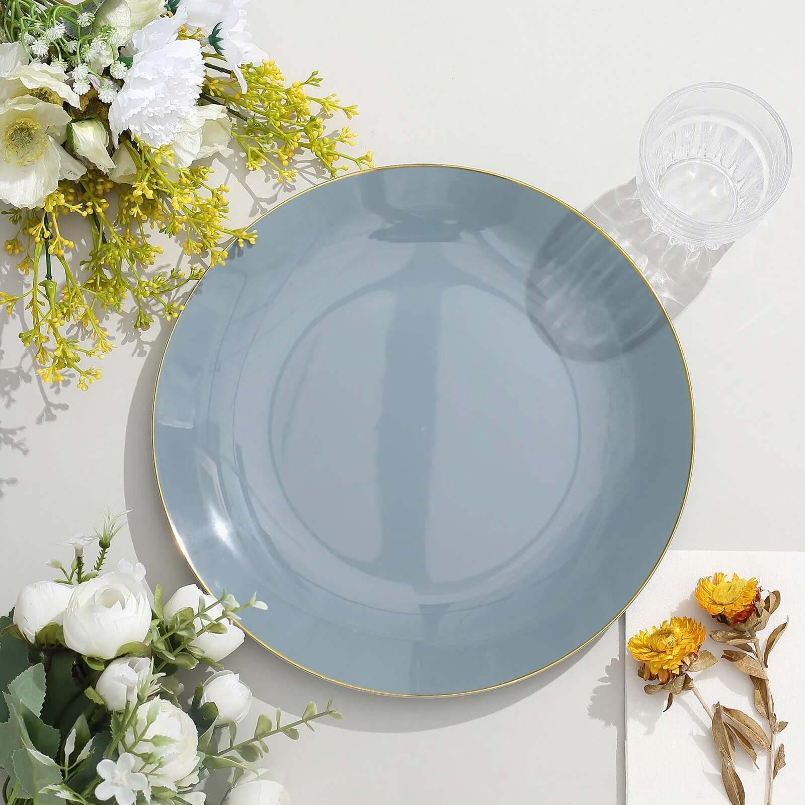 10-Pack Plastic Round Dinner Plates 10" Dusty Blue with Gold Rim - Glossy Disposable Party Plates - Image 8