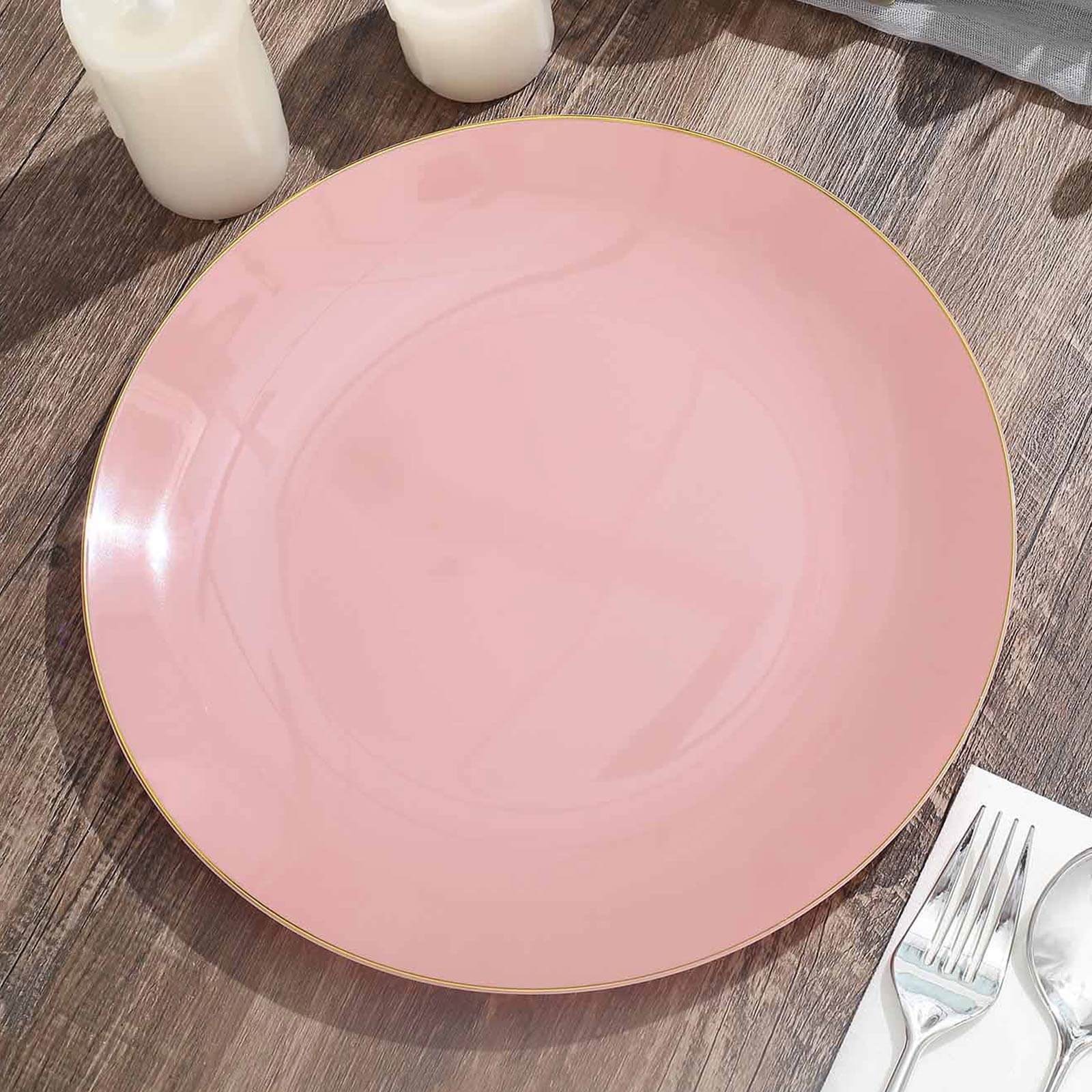 10-Pack Plastic Round Dinner Plates 10" Dusty Rose with Gold Rim - Glossy Disposable Party Plates