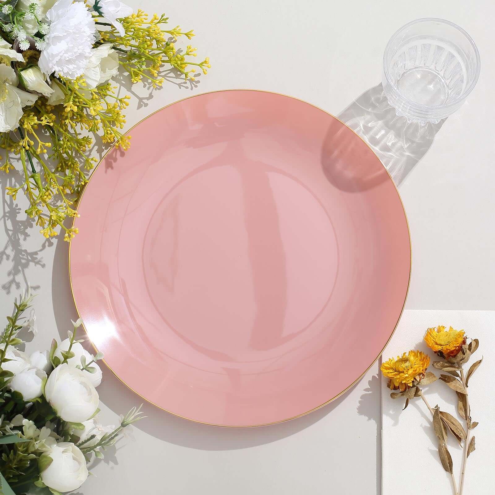 10-Pack Plastic Round Dinner Plates 10" Dusty Rose with Gold Rim - Glossy Disposable Party Plates - Image 8