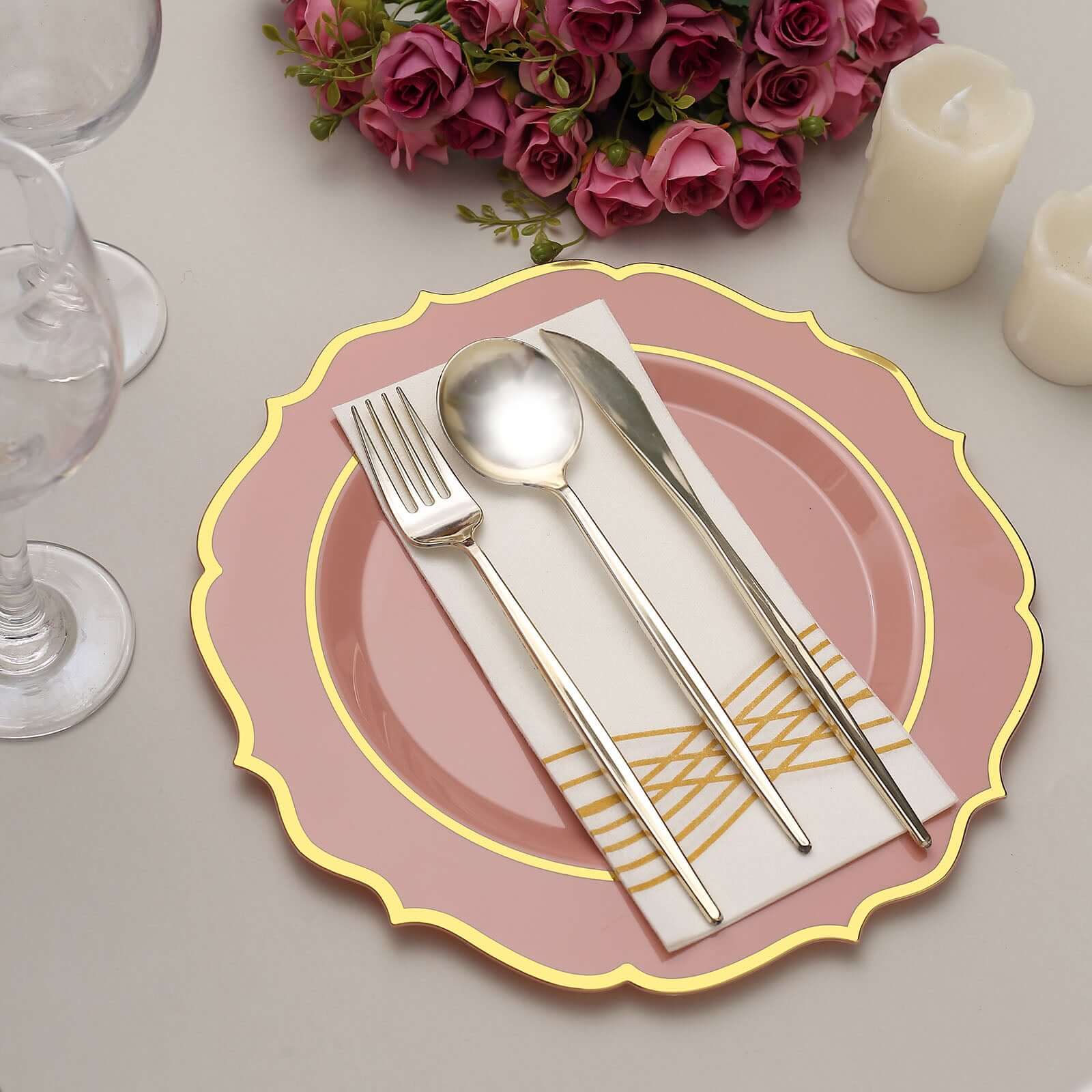 10-Pack Plastic Round Dinner Plates 10" Dusty Rose with Gold Scalloped Rim - Disposable Party Plates - Image 11
