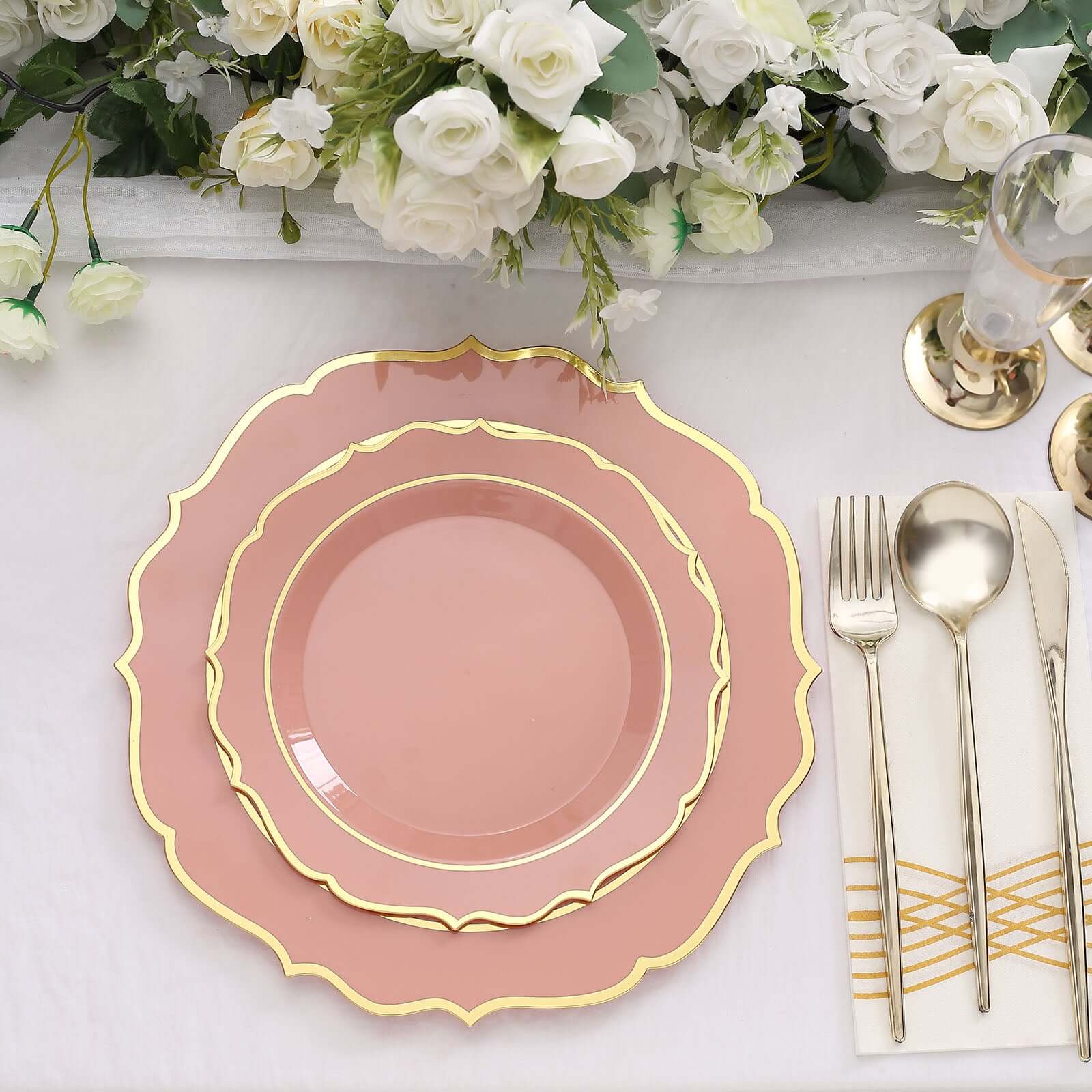 10-Pack Plastic Round Dinner Plates 10" Dusty Rose with Gold Scalloped Rim - Disposable Party Plates - Image 12