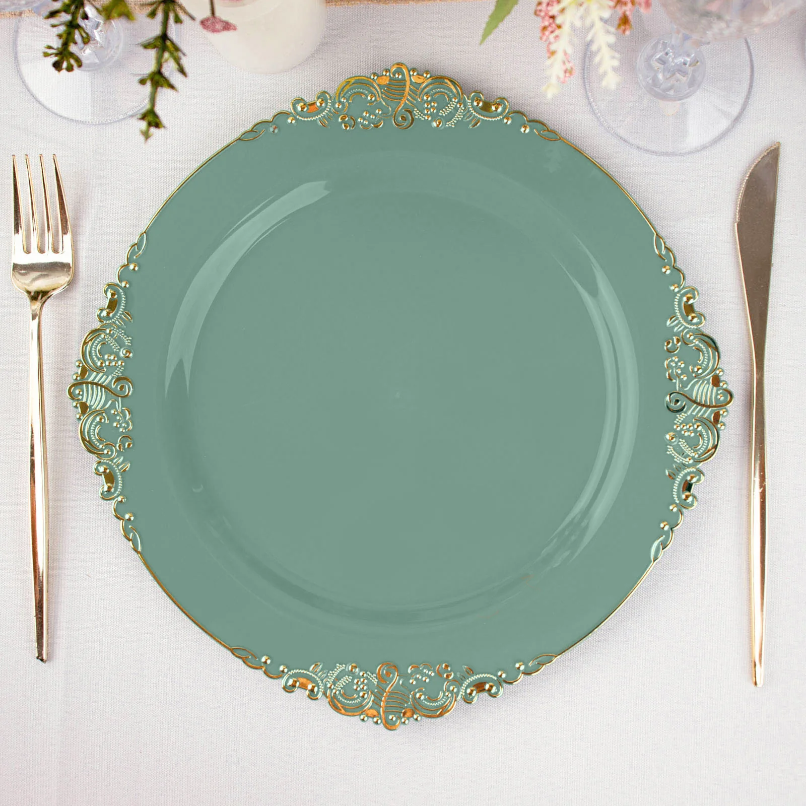 10-Pack Plastic Round Dinner Plates 10" Dusty Sage Green with Gold Leaf Embossed Rim - Vintage Baroque Style Disposable Plates