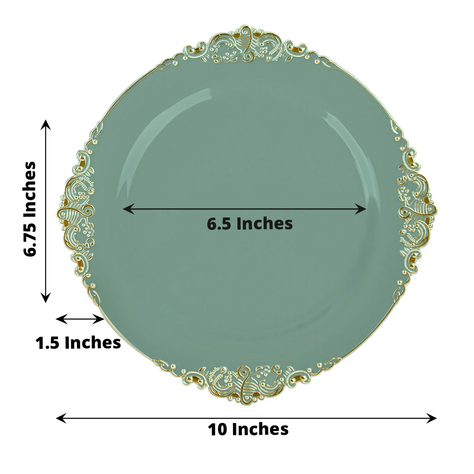 10-Pack Plastic Round Dinner Plates 10" Dusty Sage Green with Gold Leaf Embossed Rim - Vintage Baroque Style Disposable Plates - Image 3