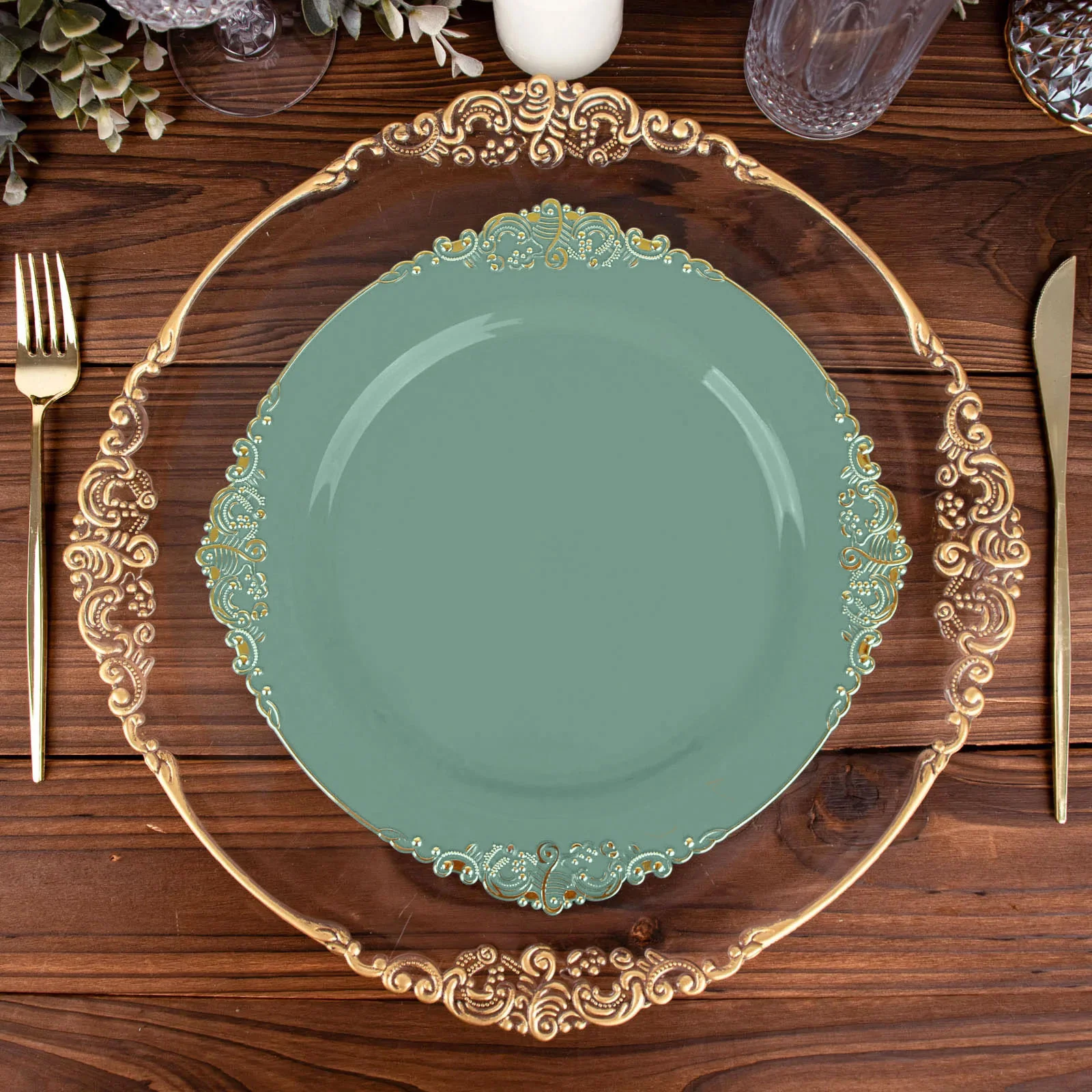 10-Pack Plastic Round Dinner Plates 10" Dusty Sage Green with Gold Leaf Embossed Rim - Vintage Baroque Style Disposable Plates - Image 6