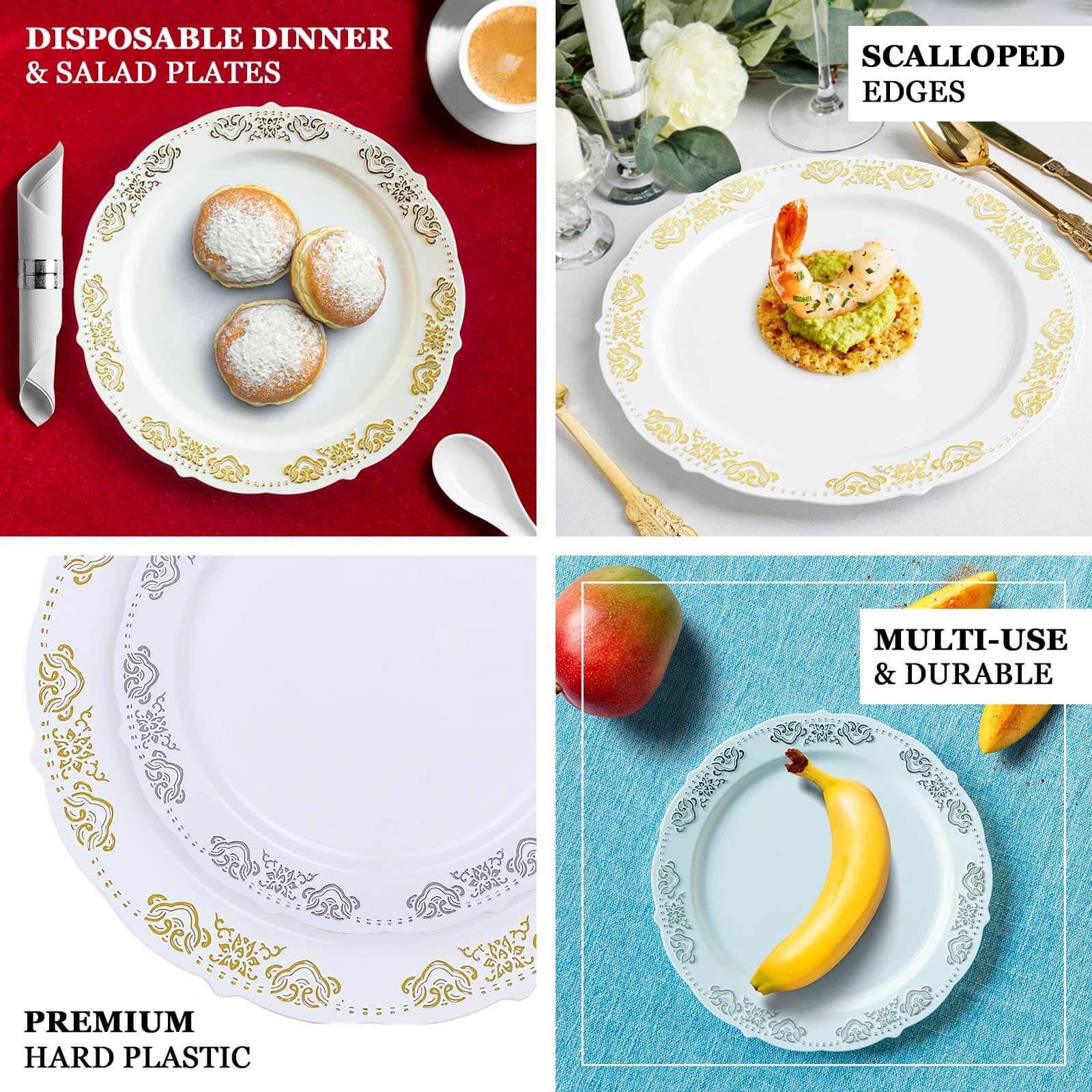 10-Pack Plastic Round Dinner Plates 10" Gold Embossed Scalloped Edge - Stylish Disposable Party Plates for Weddings & Celebrations - Image 4